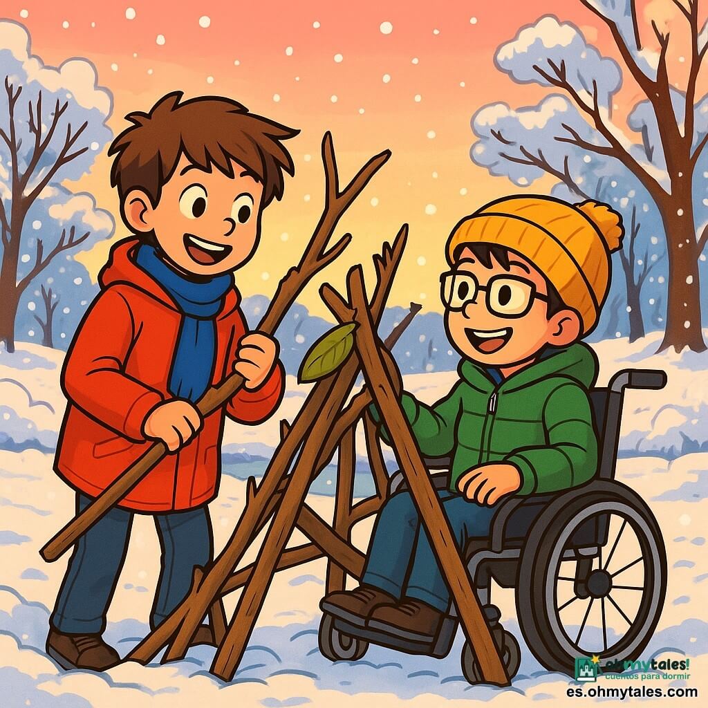 Hay 2 personajes principales: Mateo, un niño de 9 años con cabello castaño despeinado, que lleva un abrigo rojo brillante y una bufanda azul, alegre y sonriente, sosteniendo una rama para construir un fuerte; y Diego, un niño de 9 años con cabello negro y gafas, sentado en su silla de ruedas, que lleva un gorro amarillo y un chaleco verde, sonriendo y mirando a Mateo con entusiasmo. La escena se desarrolla en un parque invernal cubierto de una gruesa capa de nieve brillante bajo un cielo rosa y naranja al atardecer, rodeado de árboles con ramas cargadas de nieve y un pequeño arroyo helado que fluye lentamente. La situación principal muestra a Mateo y Diego construyendo un fuerte con ramas y hojas, riendo y divirtiéndose juntos, mientras copos de nieve caen suavemente a su alrededor, creando una atmósfera mágica y cálida.