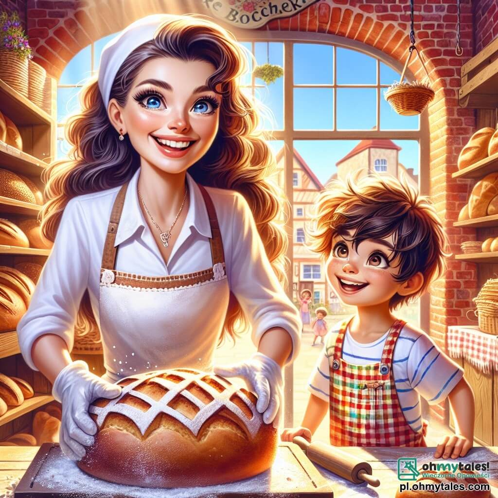 W centrum obrazu znajduje się radosna piekarka Ania z długimi kręconymi włosami i promiennym uśmiechem, ubrana w biały fartuch i rękawice kuchenne. Wyjmuje złoty chleb z pieca, a jej oczy błyszczą z dumy i podekscytowania. Obok niej stoi mały chłopiec Kuba, mający około 8 lat, z rozczochranymi brązowymi włosami i kolorową koszulą w kratę. Kuba stoi na małym krześle, z rękami na biodrach, podziwiając chleb, który pomógł uformować. Scena rozgrywa się w urokliwej piekarni "Złote Bochenki", z czerwonymi ceglastymi ścianami i drewnianymi półkami wypełnionymi chlebem i wypiekami. Promienie słońca wpadają przez okna, oświetlając mąkę unoszącą się w powietrzu. Główna sytuacja pokazuje Anię i Kubę świętujących ich pierwszą partię chleba, otoczonych pysznym zapachem piekarni, podczas gdy ciekawi klienci zaczynają wchodzić, aby spróbować ich wyrobów.