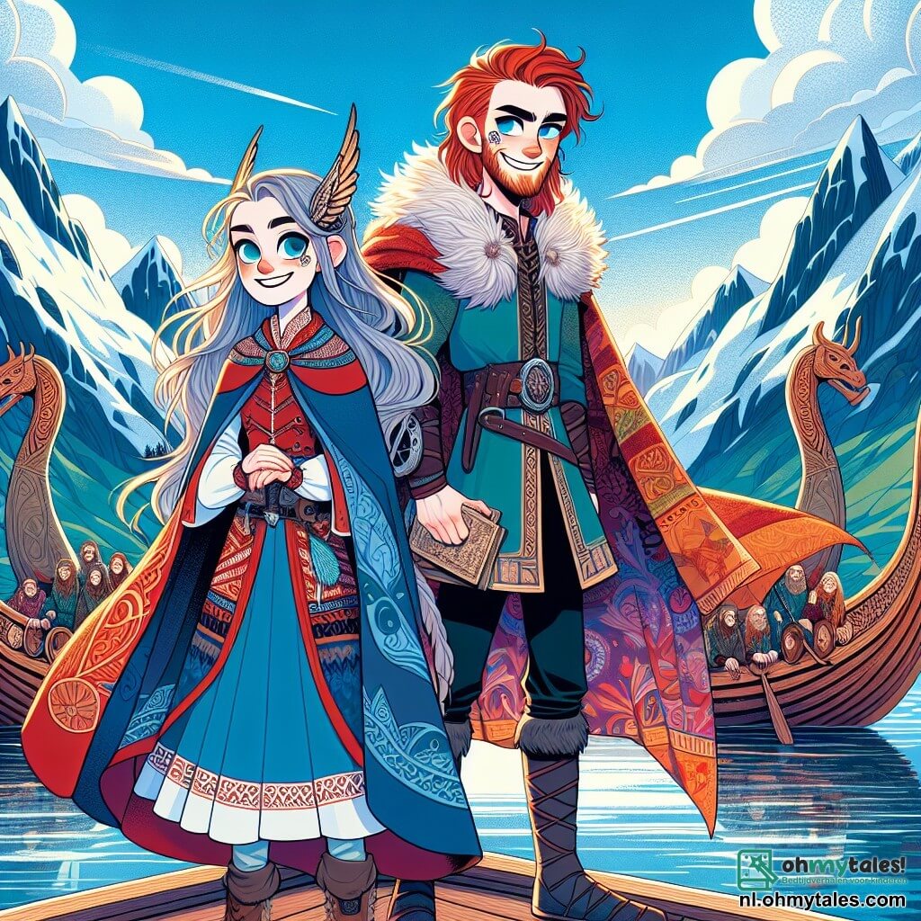 Een jonge vrouw genaamd Eira, met lang zilverachtig haar, staat trots op het dek van een drakkar, haar gezicht verlicht door een gloed van opwinding en vastberadenheid. Ze draagt een blauwe wollen tuniek versierd met Vikingmotieven, en haar ogen stralen avontuur uit. Naast haar staat Loki, een man met stralend rood haar en een ongeregelde baard, die ondeugend glimlacht, gekleed in een kleurrijke cape die schittert in de zon, terwijl hij een oude kaart in zijn hand houdt. De achtergrond is een majestueuze fjord, met steile bergen met besneeuwde toppen die weerspiegelen in het kalme, kristalheldere water, terwijl pluizige wolken drijven in een stralend blauwe lucht. De drakkar, versierd met gesculpteerde drakenhoofden, glijdt zachtjes over het water, omgeven door lichte mist die een vleugje mysterie aan de scène toevoegt. Eira en Loki bereiden zich voor om naar een nieuwe horizon te zeilen, hun harten kloppend van opwinding, klaar om de geheimen te ontdekken die de zee voor hen in petto heeft.