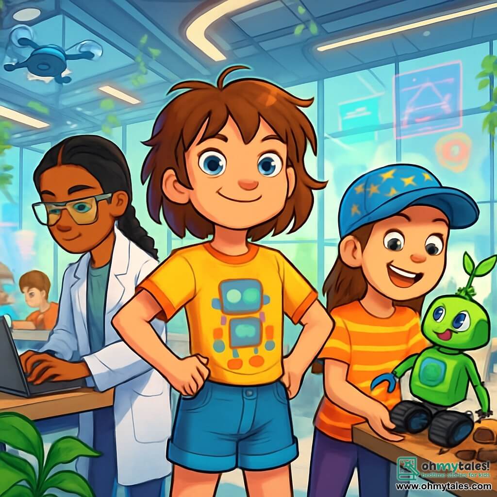 There are 3 characters: Lila: an 11-year-old girl with messy brown hair and bright blue eyes. She wears a colorful t-shirt with a robot design and denim shorts. She stands in the center, hands on hips, full of determination. Ava: an 11-year-old girl, tall with long braided hair. She wears a white lab coat and safety goggles. She is slightly behind, leaning over a laptop, focused on coding. Jasmine: an 11-year-old girl, small with a star-patterned cap. She wears a striped t-shirt and leggings. She stands to the right of Lila, holding a model of EcoPal, with a big smile on her face. The main setting is the Techno-Sandbox, a futuristic space filled with shiny machines and floating drones. Glass walls let in sunlight, illuminating work tables where children are busy building robots. Green plants climb the walls, and colorful holograms float in the air, displaying information about ongoing projects. The main situation shows Lila, Ava, and Jasmine presenting their invention, EcoPal, an eco-friendly robot. Lila controls the robot with a tablet while Ava and Jasmine cheer her on. A crowd of children and adults around them is captivated, applauding and marveling at EcoPal's abilities to pick up trash and plant seeds in the ground.