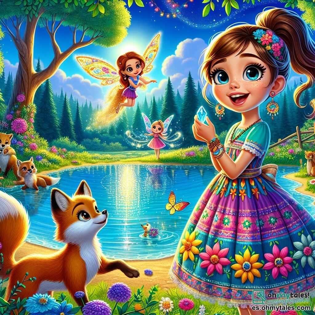 Una niña de 9 años, Lucía, está al borde de un lago de aguas cristalinas, con los ojos brillantes de emoción y curiosidad. Tiene el cabello largo y castaño, recogido en una coleta, y lleva un vestido colorido adornado con flores. Lucía sostiene en sus manos una piedra mágica brillante, con una sonrisa maravillada en su rostro. A su lado, un pequeño zorro dorado llamado Tilo, con un pelaje radiante y ojos traviesos, observa el lago con admiración. Un poco más lejos, un delicado ser feérico, Lila, con alas translúcidas brillantes, vuela a su alrededor, dejando una estela de luz colorida. El escenario es un hermoso claro rodeado de grandes árboles de hojas verdes brillantes, donde crecen flores multicolores. El cielo es de un azul profundo, salpicado de nubes blancas y esponjosas, y el sol brilla, iluminando la escena con una suave luz dorada. La situación principal muestra a Lucía, Tilo y Lila reunidos junto al lago, listos para usar las piedras mágicas y restaurar la magia del Bosque de Zafir, con un ambiente de aventura y misterio en el aire.