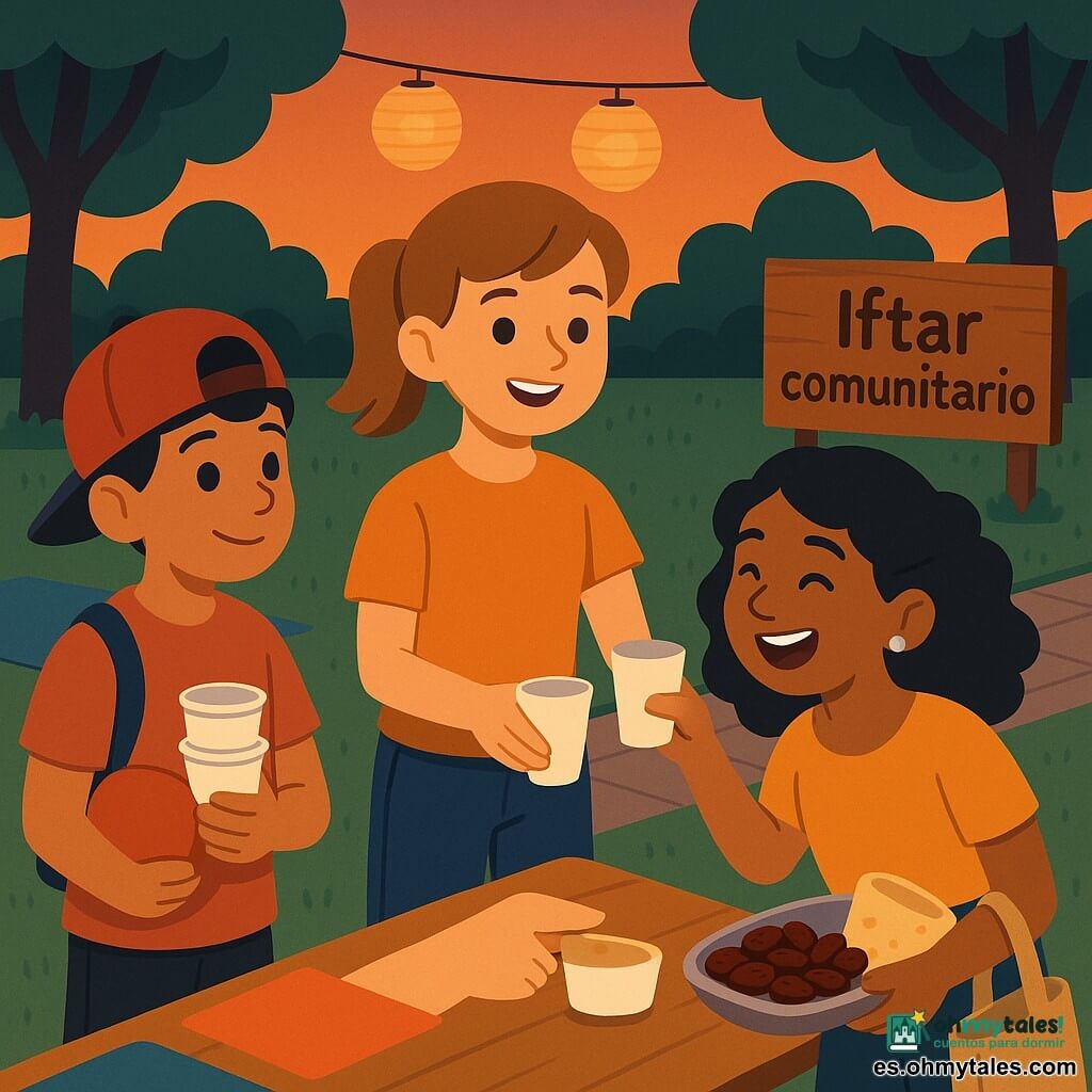 Hay tres niños: Lina, 11 años, cabello castaño claro en coleta, sonriente con cuaderno de bocetos y bolígrafo, en el centro; Nico, 11 años, pelo corto castaño, gorra al revés y una pelota roja bajo el brazo, a la izquierda, tímido pero entusiasta; Salma, 11½, pelo negro rizado con pinza brillante, a la derecha, riendo y sosteniendo un saco con pan plano y un plato de dátiles. Están en un parque al crepúsculo con césped, mantas de picnic, farolillos entre árboles y un cartel de madera que dice Iftar comunitario. Los tres ayudan a repartir vasos junto a una mesa de voluntarios: Lina ofrece un vaso, Nico lleva vasos apilados y Salma da un plato de dátiles; luz naranja del atardecer, sombras suaves, ambiente comunitario organizado.