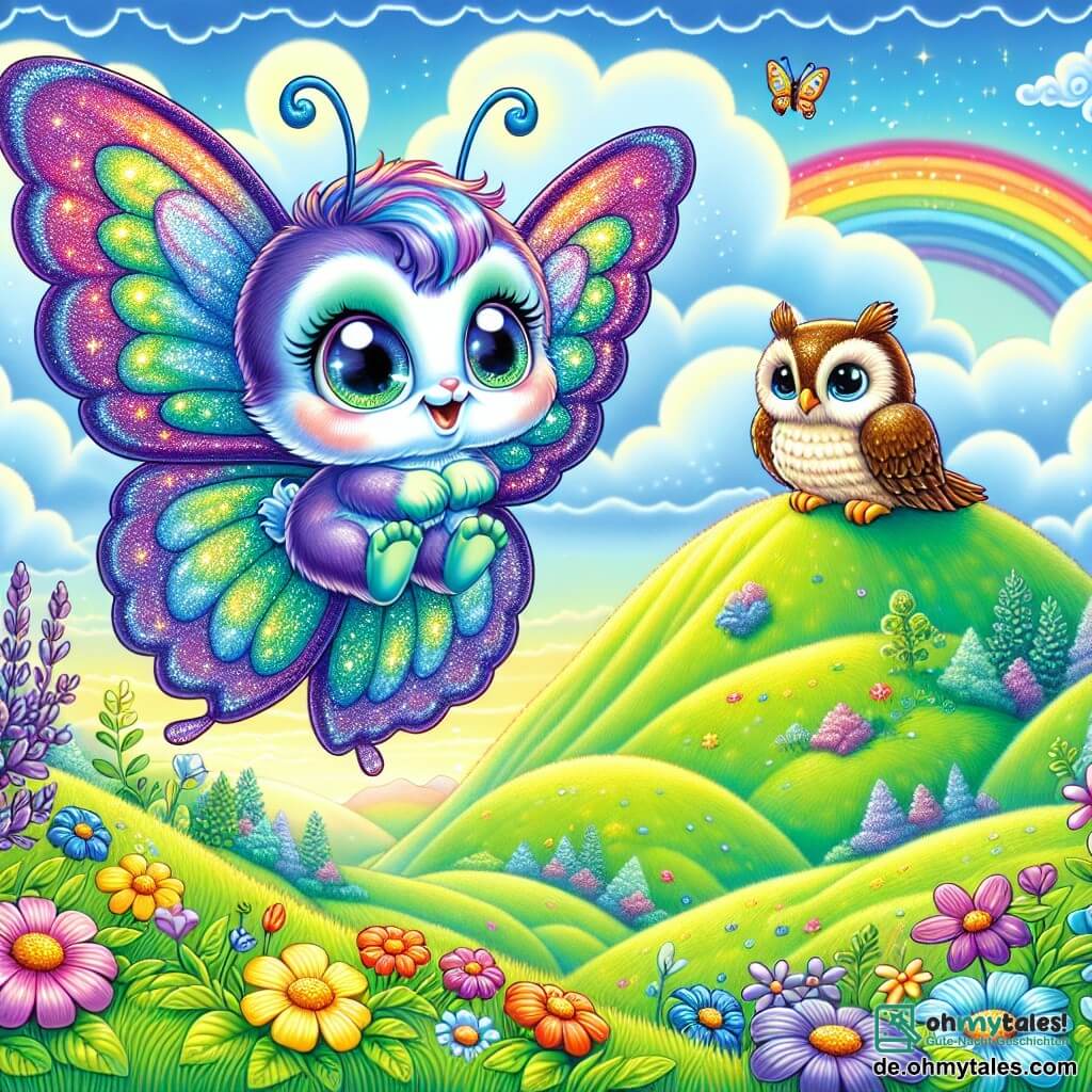 Auf dem Gipfel eines bunten Berges steht ein kleiner Schmetterling namens Flügelfrei, dessen glitzernde blaue und violette Flügel ein Gefühl von Staunen und Entschlossenheit ausdrücken. Seine Augen funkeln vor Neugier, während er in die Ferne schaut, bereit, die Welt zu erkunden. Neben ihm sitzt eine weise alte Eule mit braun-goldenen Federn auf einem Ast und beobachtet Flügelfrei mit einem wohlwollenden, ermutigenden Blick, bereit, ihm Ratschläge zu geben. Weiter unten hüpft ein fröhlicher Hase mit großen weißen Ohren im grünen Gras und lächelt, während er den Mut des kleinen Schmetterlings applaudiert. Die Landschaft ist bezaubernd, mit sanften Hügeln, die mit leuchtenden Blumen bedeckt sind, und einem blauen Himmel, der mit wolligen Wolken übersät ist. In der Ferne funkelt ein Regenbogen nach einem leichten Regen und verleiht der Szene einen magischen Touch. Flügelfrei steht am Rand des Gipfels, bereit, in das Unbekannte zu fliegen, was Mut und den Streben nach Freiheit symbolisiert, während seine Freunde ihn ermutigen, seine Ängste zu überwinden und das Abenteuer, das ihn erwartet, zu umarmen.