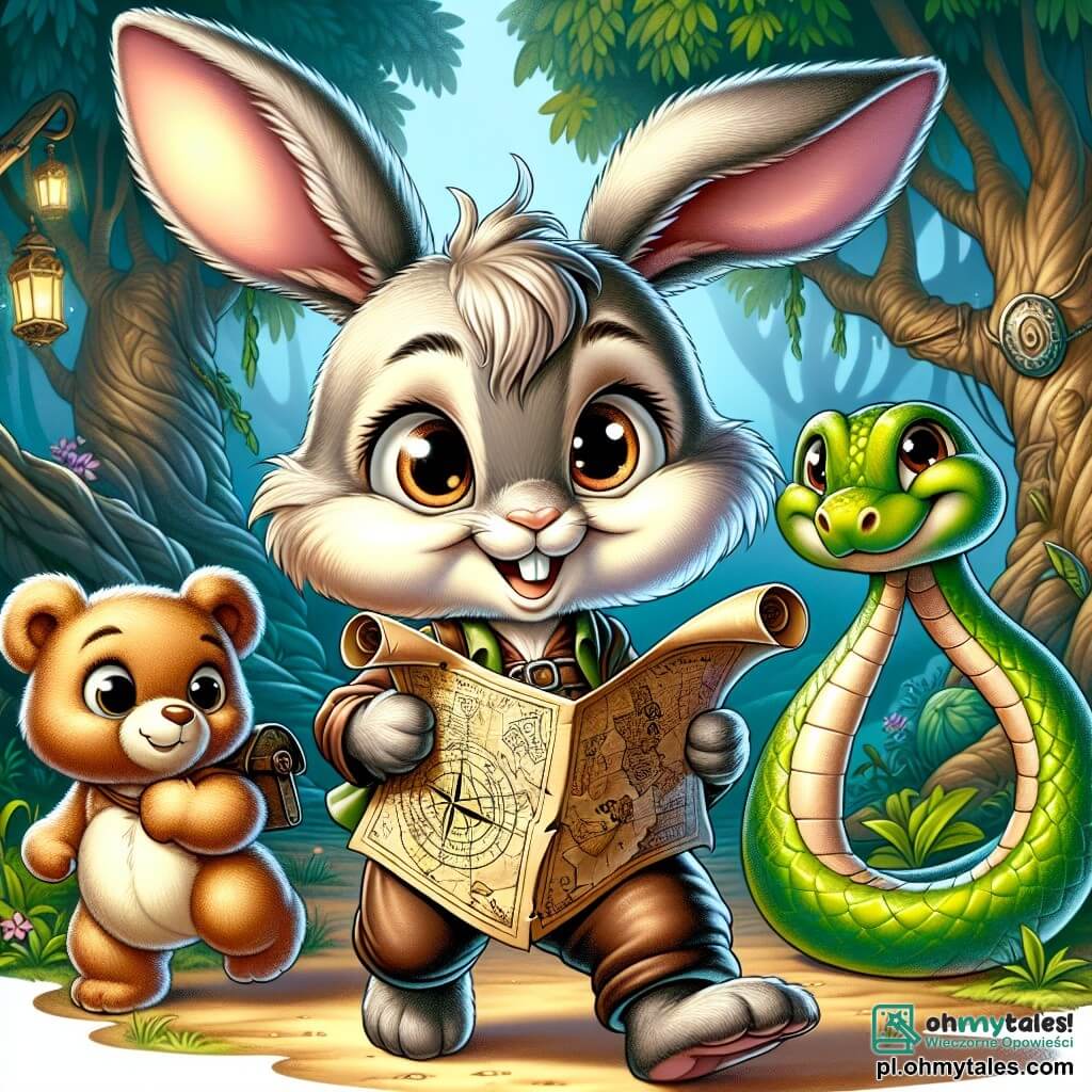 Na środku obrazu Kicuś, mały, przygodowy królik z dużymi uszami i miękkim futrem, wyraża radosną ekscytację. Jego oczy błyszczą z podekscytowania, gdy trzyma starą mapę skarbów między łapkami, stojąc na tylnych nogach w dynamicznej pozycji, gotowy do eksploracji. Po jego prawej stronie Miś, pluszowy niedźwiedź z ciepłym uśmiechem i brązowym futrem, z ciekawością przygląda się mapie, jego oczy błyszczą entuzjazmem. Siedzi na przednich łapach, pochylony do przodu, jakby nie mógł się doczekać odkrycia następnej wskazówki. Po lewej stronie Kicuśa Łatek, jaskrawozielony wąż z błyszczącymi łuskami, owija się wokół niskiej gałęzi, pokazując figlarną ekspresję. Wygląda na gotowego do udzielenia sprytnych rad, jego bystre oczy badają otoczenie. Tło to zaczarowany las, z majestatycznymi drzewami o grubych pniach i żywymi, zielonymi liśćmi. Kolorowe kwiaty rozsiane są po ziemi, a promienie słońca przenikają przez liście, tworząc magiczną atmosferę. Główna scena ukazuje Kicuśa, Misia i Łatka odkrywających starą, zrujnowaną altankę, pełną tajemnic, gdy przygotowują się do rozszyfrowania mapy skarbów, nie mogąc się doczekać wspólnej przygody.