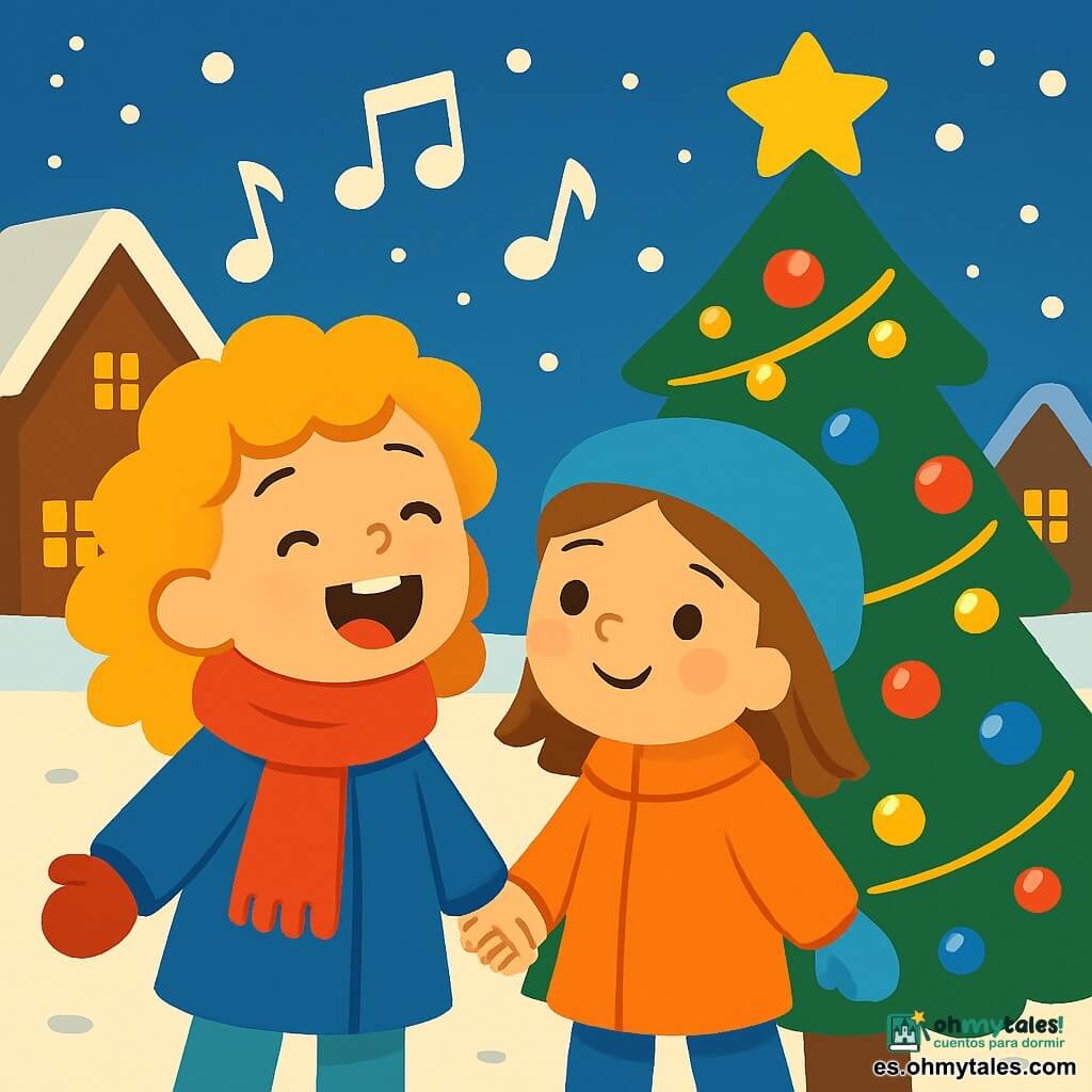 Una niña de 4 años, Lucía, con cabello rizado y dorado, lleva una bufanda roja brillante y un abrigo azul. Sonríe alegremente, con los ojos brillantes de emoción mientras canta bajo un gran árbol de Navidad decorado con luces centelleantes y bolas de colores. A su lado, otra niña, Martina, también de 4 años, tiene mejillas rosadas y lleva un gorro azul. Mira a Lucía con una sonrisa cálida, lista para cantar juntas. El escenario es un encantador pueblo nevado, con casas de madera con techos cubiertos de nieve, copos de nieve cayendo suavemente del cielo y luces doradas iluminando las ventanas. Lucía y Martina se toman de la mano, cantando alegremente villancicos, rodeadas de niños que se unen a ellas, creando una atmósfera festiva y mágica.