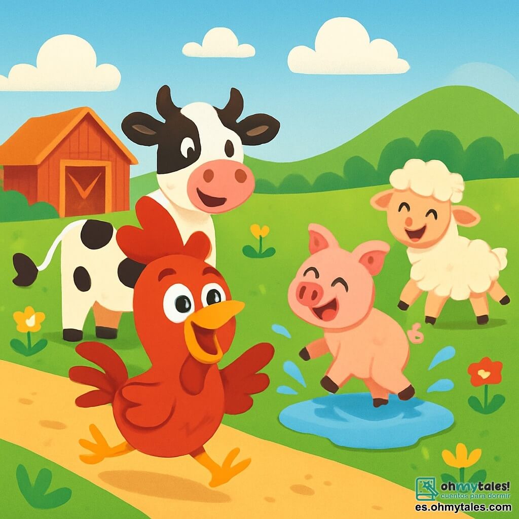 Un gallo alegre llamado Pío, con plumas rojas brillantes y una gran sonrisa, corre a toda velocidad por un camino de tierra. Sus alas están ligeramente desplegadas y sus ojos brillan de emoción. A su lado, una vaca blanca con manchas negras, llamada Lola, mira a Pío riendo, con sus grandes orejas levantadas. Un pequeño cerdo rosa, Pepo, salta en un charco, salpicando agua por todas partes, mientras una dulce ovejita, Tina, los sigue riendo, con su lana rizada y una expresión traviesa. El escenario es una encantadora granja soleada, con campos verdes exuberantes, flores coloridas y un cielo azul salpicado de nubes blancas esponjosas. Al fondo, se puede ver una colina verde que domina la escena. La situación principal muestra a Pío y sus amigos corriendo, riendo y jugando juntos, creando un ambiente alegre y divertido.