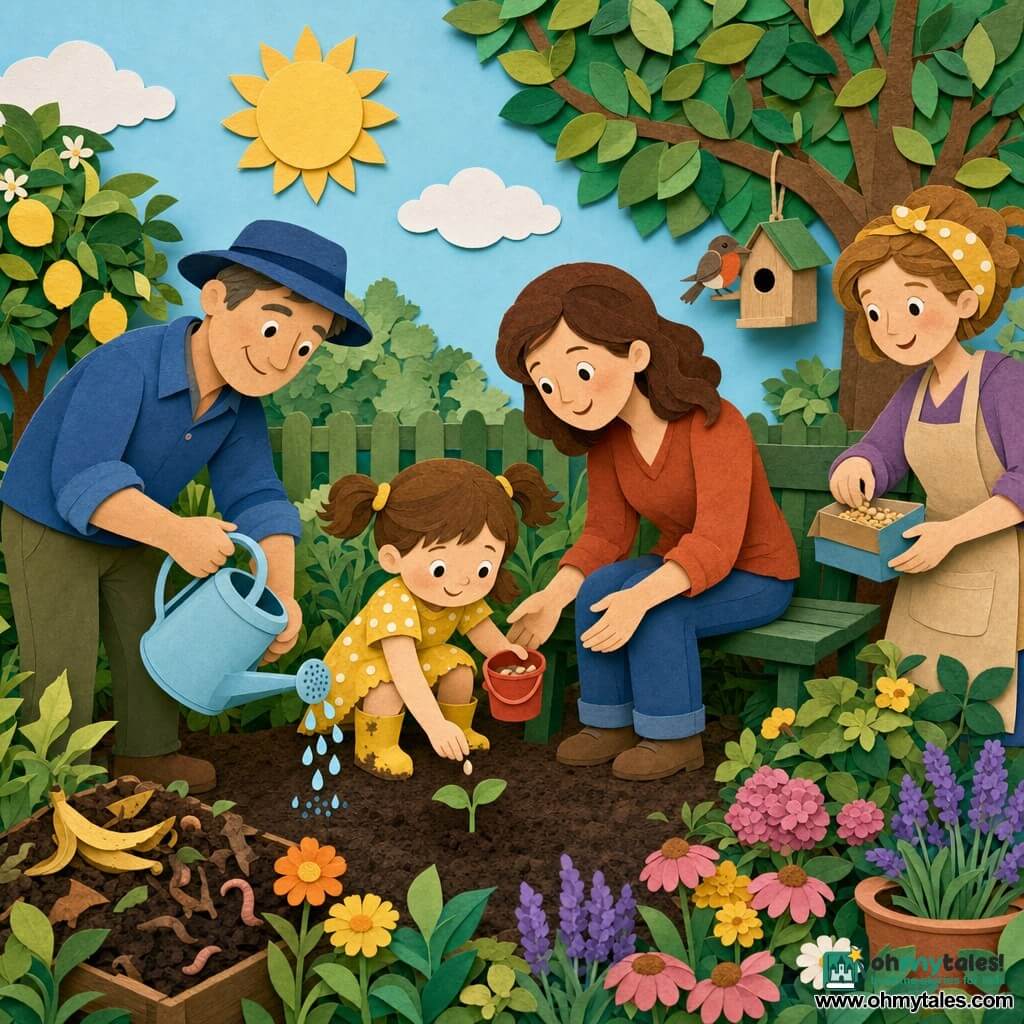 A joyful, focused 4-year-old with brown pigtails in a yellow polka-dot dress and muddy yellow boots plants a tiny sunflower seed in rich brown soil holding a small red bucket; her smiling mother (≈32) with loose chestnut hair sits on a green bench, hands ready to help; neighbor Pete (≈45) in a blue hat gently waters the sprout with a light-blue watering can to the left; neighbor Lila the baker (≈33) in a beige apron stands to the right holding bird crumbs near a birdhouse; the small lush garden has compost, a lemon tree, colorful flowers, bees and earthworms under a soft sunny blue sky, warm colors and a reassuring collaborative atmosphere.