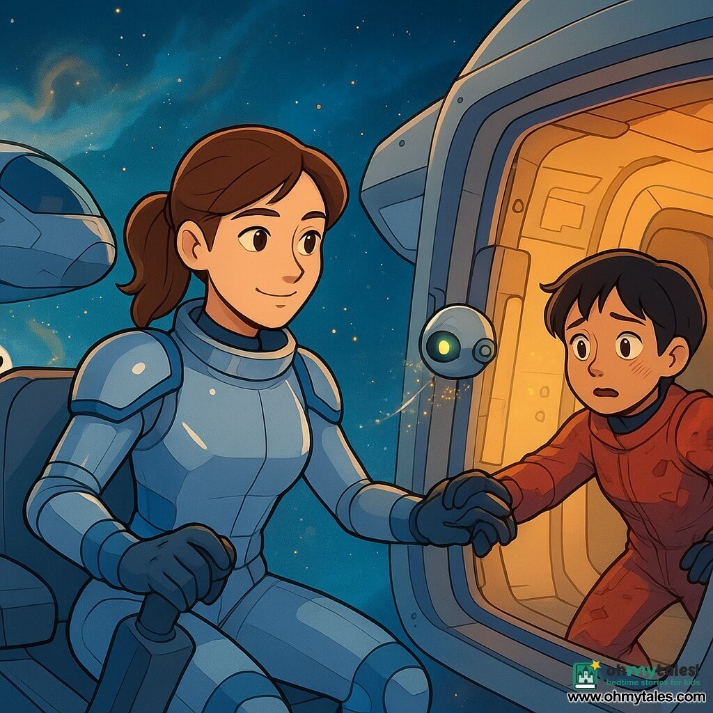 The lead pilot is a calm, focused woman with soft features, brown hair in a ponytail, wearing a silver spacesuit with blue highlights; gloved hands rest on a cockpit joystick as she smiles determinedly. The rescued younger pilot, trembling but relieved with short black hair and a damaged red suit, is being helped through the Starling's airlock. A small round silver robot with a green eye floats between the ships, stabilizing them and leaving sparkling particle trails. The scene takes place in the heart of the Lira galaxy: blue and gold gas clouds, twinkling stars, glinting ice fragments and a sparkling asteroid ring. The rescue shows the lead pilot gently docking the two ships while the second pilot is brought aboard in a slow, precise, reassuringly tense operation, warm cockpit lights contrasting with cold blue space.