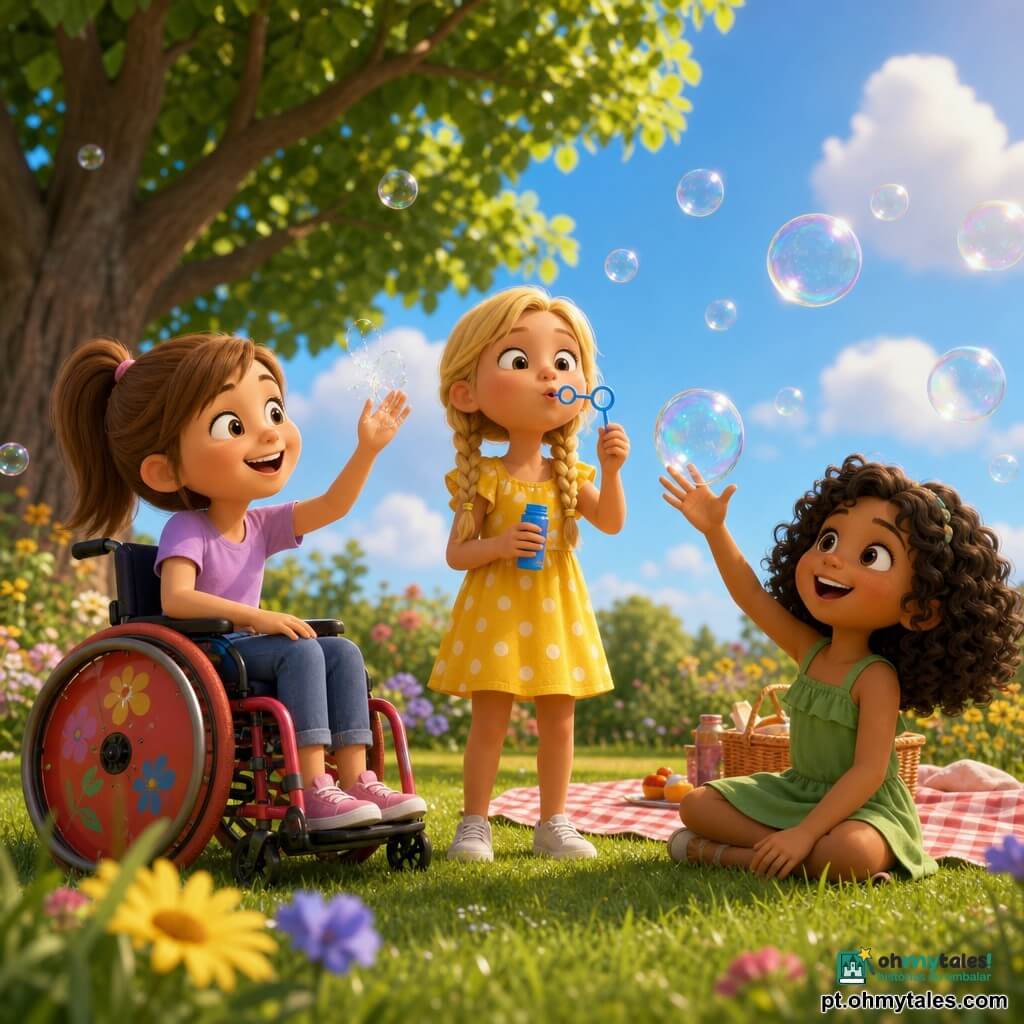Há três meninas: Ana, 8 anos, cabelos castanhos lisos em rabo de cavalo, pele clara, sentada numa cadeira de rodas vermelha e colorida à esquerda, sorrindo e segurando uma bolha quase estourada; Bia, 7 anos, cabelos loiros em tranças, pele bronzeada, em pé ao centro com um vestido amarelo de bolinhas brancas, soprando bolhas com um anel azul; Clara, 7 anos, cabelos pretos e encaracolados, pele morena, sentada na relva à direita com um vestido verde, estendendo a mão para apanhar uma bolha brilhante perto dela. Lugar: jardim de verão luminoso com relva verde macia, flores amarelas e roxas, uma grande árvore à esquerda de folhas redondas, céu azul claro com nuvens brancas e uma toalha xadrez rosa e branca sobre a grama. Situação: amigas brincando com bolhas durante um piquenique de verão, bolhas translúcidas e iridescentes à volta, risos nos rostos, sol raso criando sombras suaves e reflexos coloridos nas bolhas.