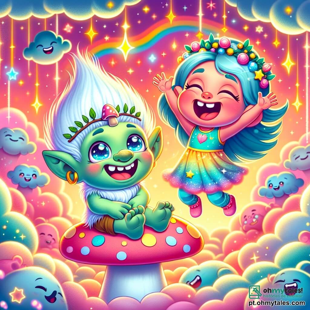 Um troll amigável, com pele verde-clara, olhos brilhantes e um grande sorriso, está sentado em uma nuvem fofinha, rindo alegremente. Ele usa um pequeno chapéu em forma de cogumelo e roupas feitas de folhas. Ao lado dele, uma menina de 7 anos, com cabelos azuis e olhos brilhantes, salta de alegria em outra nuvem, com os braços levantados para o céu. Ela veste um vestido colorido adornado com estrelas cintilantes. O local é um reino flutuante, com nuvens macias de diferentes formas, estrelas brilhantes em um céu coral e arco-íris se formando no horizonte. A cena principal mostra o troll e a menina se divertindo juntos, rindo e brincando nas nuvens, cercados por luzes cintilantes e uma atmosfera mágica.