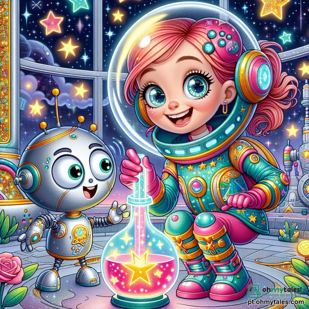 Em primeiro plano, uma menina de 10 anos chamada Luna, com cabelos cor de rosa e olhos brilhantes de curiosidade, sorri entusiasticamente enquanto segura um frasco brilhante cheio de uma poção mágica. Ela veste um traje espacial colorido, decorado com padrões de estrelas e planetas, e está na ponta dos pés, pronta para compartilhar sua descoberta. Ao seu lado, Zippy, um robô divertido com corpo prateado e braços longos, faz uma careta cômica, seus olhos brilhantes piscando de alegria. Ele está um pouco mais baixo que Luna, inclinando-se para admirar o frasco. Ao fundo, a estação espacial Brilhante ergue-se majestosa, com paredes cintilantes e janelas em forma de estrelas, cercada por um céu estrelado e planetas coloridos. Plantas luminosas crescem ao redor deles, adicionando um toque de magia ao ambiente. A cena principal mostra Luna e Zippy celebrando a criação da poção mágica que pode dar vida às suas invenções, cercados por uma aura luminosa que simboliza a magia e a ciência se encontrando em sua aventura.