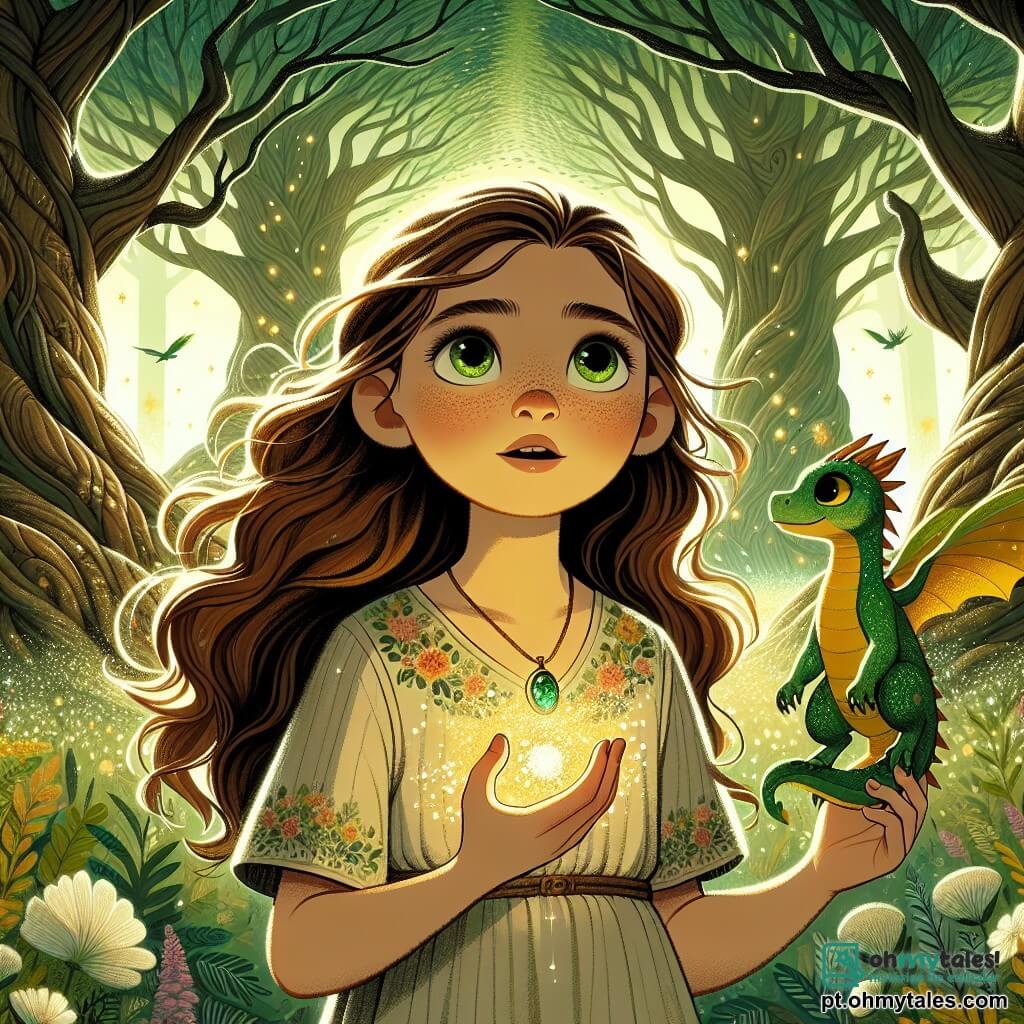 No centro da imagem, uma menina de 12 anos, Clara, está com um olhar determinado e maravilhado. Ela tem cabelos longos e ondulados, olhos curiosos e usa um vestido simples de tecido leve com padrões florais. Clara segura um amuleto brilhante na mão, iluminando seu rosto com uma suave luz dourada. Ao seu lado, um pequeno dragão chamado Drako, com escamas verdes cintilantes e grandes olhos travessos, bate as asas com excitação, pronto para acompanhá-la na aventura. Ao fundo, a Floresta Encantada se estende majestosa, com árvores gigantescas e folhas verdes vibrantes. Raios de sol atravessam as folhas, criando padrões de luz dançantes no chão coberto de flores coloridas e samambaias. Pássaros de plumagens brilhantes voam entre os galhos, acrescentando um toque de magia à atmosfera. A cena principal mostra Clara e Drako se preparando para enfrentar um caminho sinuoso em direção às Montanhas Misteriosas, onde uma sombra ameaçadora se perfila no horizonte. Clara, cheia de coragem, avança com um passo decidido, enquanto Drako se mantém pronto para protegê-la, simbolizando a amizade e a aventura que os aguardam.