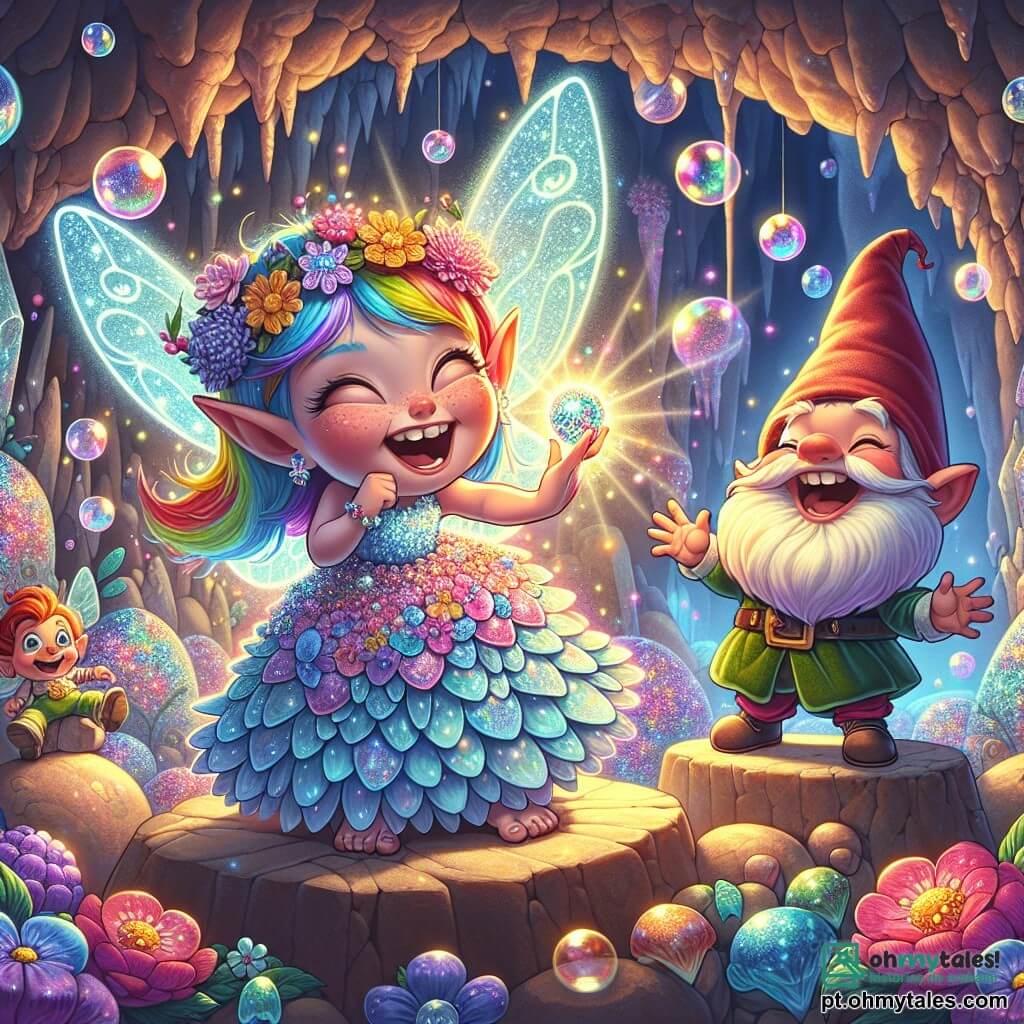 No centro da imagem, uma pequena fada chamada Lila, com asas brilhantes de cor azul cintilante e cabelos em arco-íris, ri alto, seus olhos brilhando de alegria. Ela usa um vestido feito de pétalas de flores multicoloridas e segura uma pedra brilhante nas mãos, emitindo raios de luz. Ao lado dela, um pequeno gnomo chamado Tico, com cerca de 8 anos, usando um grande chapéu que esconde seus olhos travessos, dança fazendo caretas hilárias. Ele tem uma barba ruiva e veste um traje de veludo verde, posando sobre uma pedra, pronto para fazer Lila rir ainda mais. O cenário é uma magnífica caverna dentro da Montanha do Riso, com paredes cintilantes de cristais coloridos e flores que parecem rir, emitindo sons alegres. Bubbles de sabão flutuam ao redor, criando uma atmosfera mágica e festiva. A cena principal mostra Lila e Tico fazendo rir o Guardião da Risada, uma grande criatura de barriga redonda, deitada no chão, rindo alto, cercada de bolhas e risadas, enquanto a luz da pedra de Lila ilumina a cena.