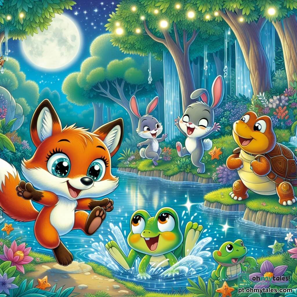 Um raposo curioso chamado Rufi, com pelagem laranja brilhante e olhos cintilantes de travessura, salta alegremente à beira de uma linda lagoa brilhante sob a luz da lua. Ao seu lado, uma pequena coelha chamada Lili, com orelhas longas e macias, faz piruetas rindo, enquanto um sapo chamado Tico, com sua pele verde brilhante, se prepara para pular na água, espirrando todo mundo. Ao fundo, uma grande tartaruga chamada Tina, com uma carapaça marrom e olhos sábios, observa com um sorriso divertido, mantendo-se um pouco afastada. O local é uma floresta encantada, repleta de árvores majestosas com folhas luminosas e flores coloridas, criando uma atmosfera mágica. A cena principal mostra Rufi e seus amigos se divertindo juntos, organizando um concurso de saltos à beira da lagoa, com risadas e respingos de água, capturando o espírito da amizade e da aventura.