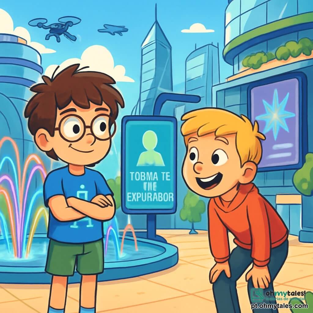 Há 2 personagens principais: - Pedro: um garoto de 10 anos, com cabelo castanho bagunçado e óculos redondos. Ele usa uma camiseta azul com um desenho de robô e um short verde. Está em pé, com os braços cruzados, exibindo um sorriso curioso. - Lucas: um garoto de 10 anos, com cabelo loiro e olhos brilhantes. Ele veste um moletom vermelho e uma calça preta. Está ligeiramente inclinado para frente, com as mãos nos joelhos, pronto para ouvir com entusiasmo. O cenário principal é a praça central de Nova Lúmens, cercada por edifícios futuristas de vidro e metal, brilhando sob o sol. Fontes coloridas dançam ao som da música, projetando jatos de água em forma de arco-íris. Drones voam acima das cabeças e jardins suspensos decoram as varandas dos prédios. Telas holográficas exibem mensagens luminosas e animadas. A situação principal mostra Pedro e Lucas, intrigados por uma mensagem misteriosa em uma tela gigante, que os convida a se tornarem exploradores. Eles trocam olhares animados, no centro da praça, cercados pela efervescência da cidade futurista.