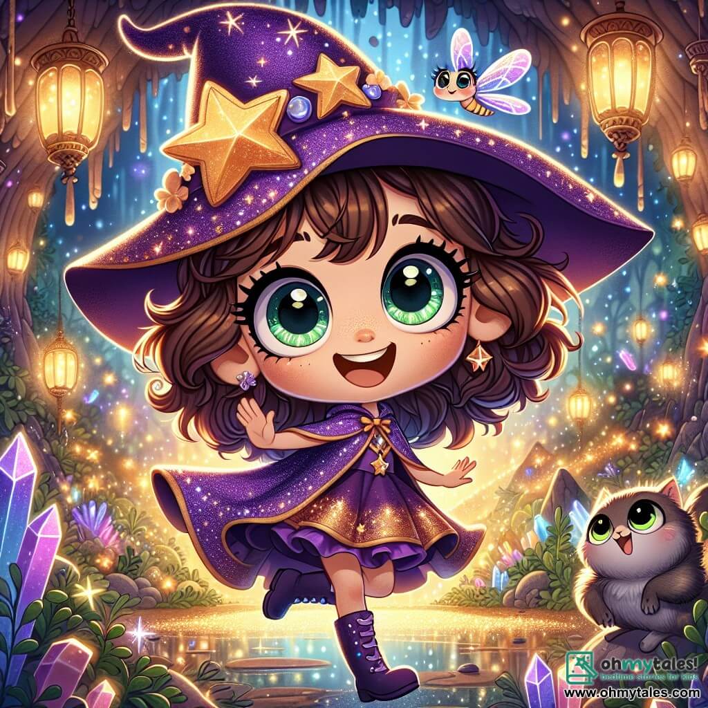 In the center of the image, Lila, a 10-year-old witch, stands with a radiant smile. She has large sparkling green eyes and curly, tousled brown hair that dances around her. She wears an oversized purple hat adorned with a golden star and a shimmering cape that reflects the colors of the night. Joyfully dancing with her arms raised, she is surrounded by a glowing aura of magic. Next to her, Fluff, her mischievous gray cat with sparkling eyes, sits on Lila's shoulder, curiously watching the surrounding lights. In the background, Spark, a small iridescent dragonfly, flits around them, her wings shimmering brightly as she seems to guide Lila toward the magic of the moment. The scene takes place in the Cave of Echoes, an enchanting place filled with sparkling crystals and shimmering lights. The cave walls are adorned with natural patterns, and a soft reflection of stars illuminates the space, creating a fairy-tale atmosphere. Lila, full of joy and excitement, dances in the cave, ready to solve the final puzzle to find the starry crystal, while magical sparks float around her, symbolizing adventure and discovery.
