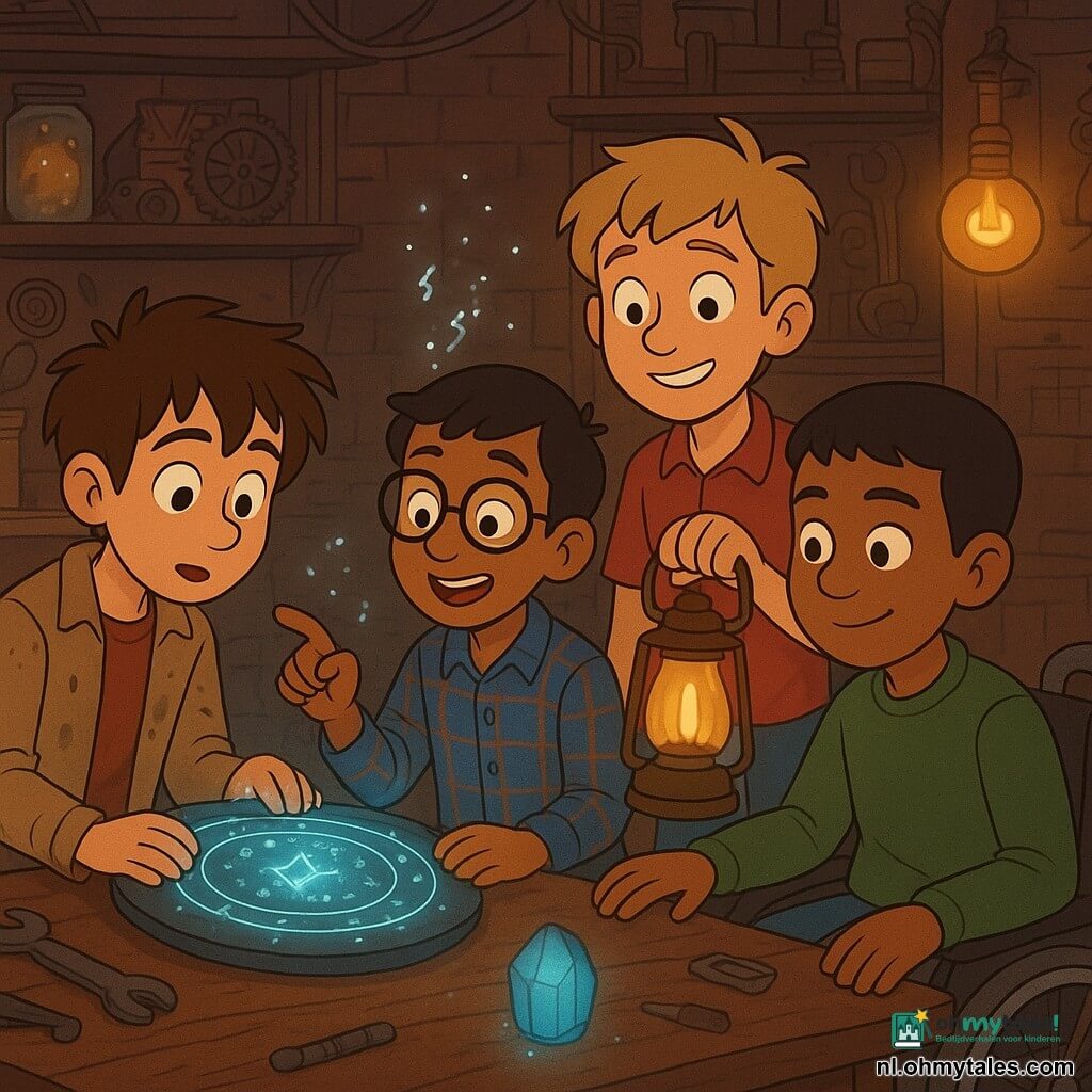 Er zijn vier jongens: Milo (11) met warrig bruin haar en een vetvlekkenjasje links, gebogen over een lichtgevende metalen schijf die hij vasthoudt; Ravi (10) met getinte huid en scheve ronde bril, wijst naar symbolen die boven de schijf zweven; Jens (12) met blond haar en nerveuze glimlach staat iets rechts achter hen en houdt een oude lantaarn die warm licht op de kaart werpt; Kian (11) zit in een rolstoel vooraan rechts, kalme blik, draagt een groene trui en draait zacht aan de schijf. Ze staan in een oud uitvindenaarsatelier met bakstenen muren, filamentlampen, potjes met lichtpoeders en planken vol koperen tandwielen; op een donkere houten tafel ligt een bleekblauw kristal dat een mini-sterrenpoort projecteert. De vier kinderen onderzoeken de mysterieuze platte schijf die lijnen en letters toont zodra licht erop valt; kleine letters zweven erboven en de sfeer is magisch-wetenschappelijk met fijne nevels en een blauw halo rond de miniature poort.