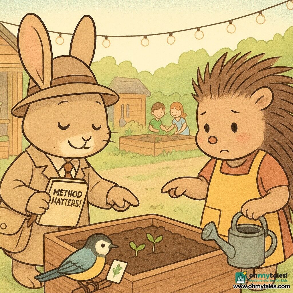 Bramble, a small rabbit detective, stands center, focused and smiling with squinted "thinking" eyes, wearing a beige canvas satchel and holding a notebook titled "Method Matters!" as he gently points to a planting box; Penny, a shy young porcupine, stands to his right with a contrite pout and rosy cheeks, wearing a yellow apron with pockets, holding a metal watering can and pointing at the fresh soil in the box; Ms. Finch, a lively little titmouse, perches on the left edge of the planter with wings slightly open and a comforting expression, holding a plant label; background shows the library rooftop garden with pastel wooden planters, string lights, a small wooden shed with an open seed box and tools, and children planting bean pots in the distance; scene depicts the calm discovery of a seed packet mistakenly planted in a "surprise box"—smooth worn soil, pale green shoots emerging, signs of recent gardening; soft lighting, warm colors, visible wood and soil textures, clear graphic style with rounded outlines and empathetic expressions.