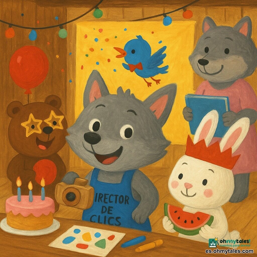 El protagonista es un pequeño lobo niño alegre y confiado, de pelaje gris, con un delantal azul que dice "Director de Clics" y sosteniendo una pequeña cámara de madera, posando frente a una tela amarilla. A su derecha una conejita blanca llamada Lila, con largas orejas rosadas y una corona de papel roja, sonríe tímida y sostiene un sombrero en forma de rodaja de sandía. Detrás a la izquierda hay un osito marrón redondeado llamado Bruno, con bigotes pintados y grandes gafas doradas en forma de estrella, riendo y sujetando un globo rojo. Un pajarito colorido, Pío, con plumas azules y una gran pajarita roja, hace una mueca divertida y flota sobre el grupo lanzando confeti. En el fondo, la abuela loba, dulce y regordeta, junto a una caja azul abierta, ofrece un álbum de cubierta azul y sonríe afectuosamente. La escena transcurre en una casita de madera en el bosque con suelo de lamas claras, guirnaldas en el techo, una mesa con pegatinas y un pastel rosa con velas; es una animada y cálida sesión fotográfica de cumpleaños con confeti, burbujas brillantes y colores vivos en textura de gouache.