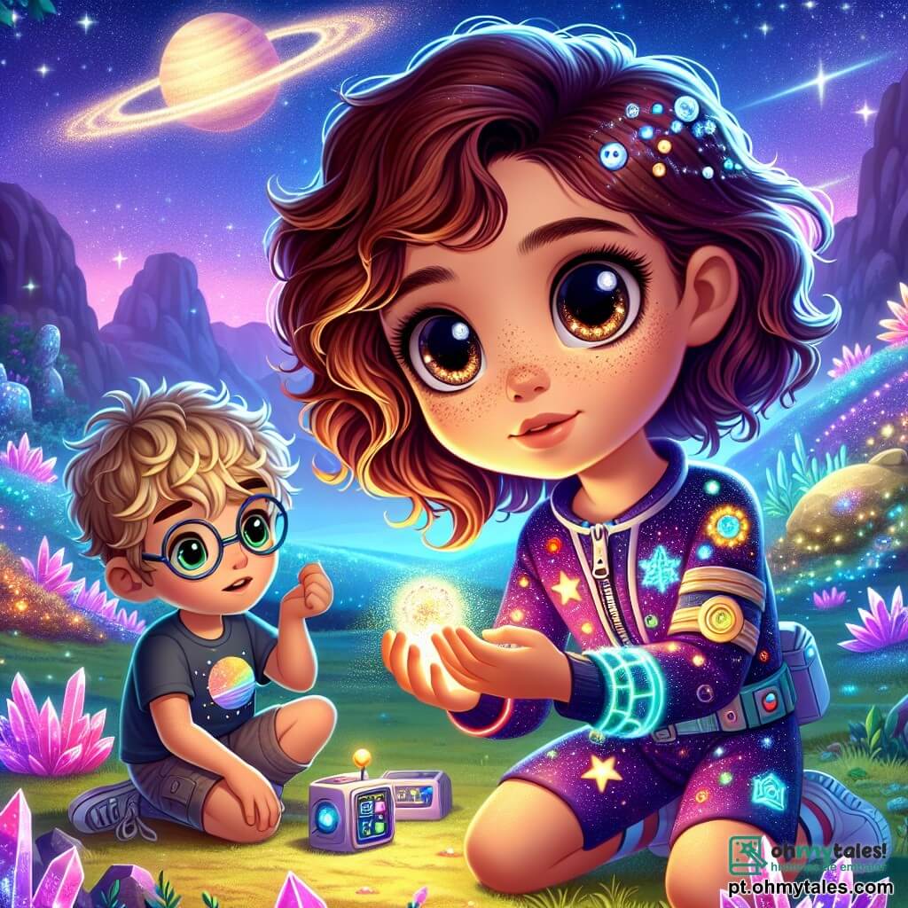 Uma menina de 12 anos, Sofia, está no centro da imagem, com grandes olhos castanhos brilhando de curiosidade e cabelos castanhos cacheados que caem sobre os ombros. Ela usa um traje espacial colorido, decorado com padrões de estrelas, e tem um sorriso maravilhado no rosto enquanto observa uma criatura luminosa ao seu lado. À sua direita, Lucas, um garoto de 12 anos com cabelo loiro bagunçado e óculos redondos, está inclinado sobre um pequeno aparelho tecnológico que segura nas mãos, com uma expressão concentrada e entusiasmada. Ele veste uma camiseta com padrões de planetas e um short, parecendo pronto para ajudar Sofia em sua aventura. A cena se passa em uma paisagem extraterrestre vibrante, com colinas ondulantes cobertas de plantas luminosas e um céu estrelado nas cores vibrantes de roxo e azul. Cristais cintilantes emergem do solo, adicionando um toque mágico ao ambiente. Sofia e Lucas estão diante de um vale escondido, onde um cristal brilhante emite uma luz suave e acolhedora, simbolizando a harmonia e a conexão entre os mundos. Eles estão em plena exploração, prontos para descobrir as maravilhas deste novo mundo, com um sentimento de aventura e amizade palpável no ar.