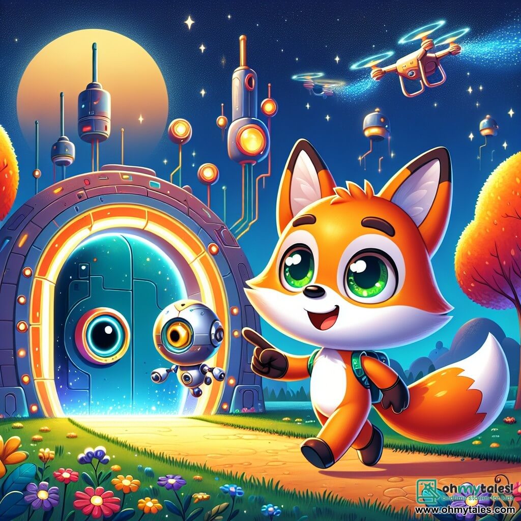 A young fox with sparkling green eyes and bright orange fur, showing an expression of curiosity and excitement, stands in front of a large mysterious door, ready to open it. Next to him, a small rounded robot with a single eye and shiny silver color displays a joyful expression, slightly floating above the ground and pointing at the door. The scene takes place in a futuristic park filled with trees with glowing leaves and colorful flowers shimmering under a bright blue sky. Drones gently fly overhead, while boldly designed colorful buildings rise in the background, adding a touch of magic to the environment. The young fox and his robot friend discover a secret door leading to a laboratory filled with amazing inventions, symbolizing the start of an exciting adventure.