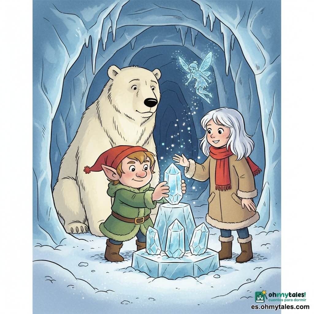 Un duende llamado Nolin, rostro redondo y orejas puntiagudas, expresión traviesa y decidida, pequeño cuerpo con abrigo verde y gorro rojo, coloca un cristal azul luminoso sobre un pedestal de hielo; a su derecha Clara, niña de 10 años, cabello blanco, abrigo beige y bufanda roja, sonríe y extiende la mano hacia el cristal; detrás a la izquierda Brundel, un gran oso polar de pelaje crema, agazapado y protector; Flick, una pequeña hada de hielo con alas azules brillantes, vuela sobre el pedestal dejando una estela de polvo brillante; el escenario es un túnel subterráneo de cristal con paredes translúcidas y vetas azules, estalactitas brillantes y suelo nevado; momento mágico en que, al unir sus gestos, tres cristales en el pedestal se iluminan en halo azul y chisporrotean partículas heladas, creando una atmósfera cálida pese al frío.