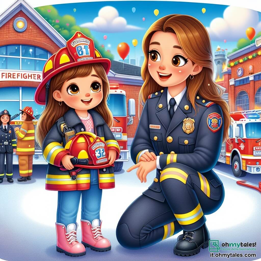 In primo piano, una ragazza di 8 anni, Sofia, con lunghi capelli castani e occhi pieni di curiosità, indossa una piccola uniforme da pompiere troppo grande per lei. Sorride con meraviglia, tenendo un casco da pompiere tra le mani, pronta per un'avventura. Accanto a lei, la capitana Laura, una donna di circa trent'anni con capelli corti e biondi, indossa un'uniforme da pompiere impeccabile. Sorride calorosamente a Sofia, mostrandole il camion rosso brillante dietro di loro. Sullo sfondo, la caserma dei pompieri è animata, con camion rossi parcheggiati, pompieri che discutono e attrezzature scintillanti. Palloncini colorati fluttuano nell'aria, aggiungendo un tocco festoso all'atmosfera. La scena principale mostra Sofia e Laura davanti al camion dei pompieri, con Sofia che sogna di diventare pompiere, mentre Laura le spiega gli strumenti e le missioni dei pompieri, creando un momento di condivisione e ispirazione.