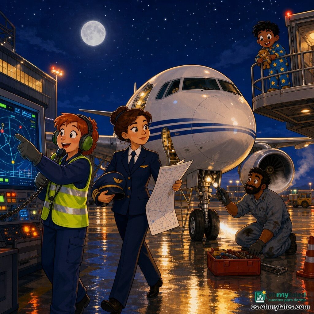 Maia, piloto de unos 35 años, rostro redondo, cabello castaño recogido en moño, uniforme azul marino limpio y gorra en mano, camina hacia un avión apoyada en una gran hoja de plan de vuelo, con mirada serena y ligera sonrisa; a su izquierda Sara, de unos 30, pelo corto rojo y chaleco reflectante, señala una pantalla luminosa con un dedo enguantado y habla por micrófono; al frente Tomás, de unos 40, barbudo, con mono gris manchado de aceite, arrodillado revisando ruedas y luces; a la derecha y en altura un niño de unos 6 años, pelo negro despeinado, pijama de estrellas, abraza un peluche y observa admirado desde la pasarela; es de noche en el aeropuerto, pista húmeda que refleja neones naranja y luces de los faros, hangares metálicos y un cielo estrellado con luna blanca brillante; el avión blanco con franjas azules tiene puertas abiertas, escaleras desplegadas y ligera humareda de escape, iluminado por focos cálidos; escena principal de preparación antes del vuelo: gestos precisos, papeles, herramientas y pantallas luminosas en una atmósfera de calma profesional y cooperación; estilo gráfico con colores saturados, contornos nítidos, texturas sencillas tipo acuarela digital y expresiones faciales exageradas para tranquilizar a los niños.