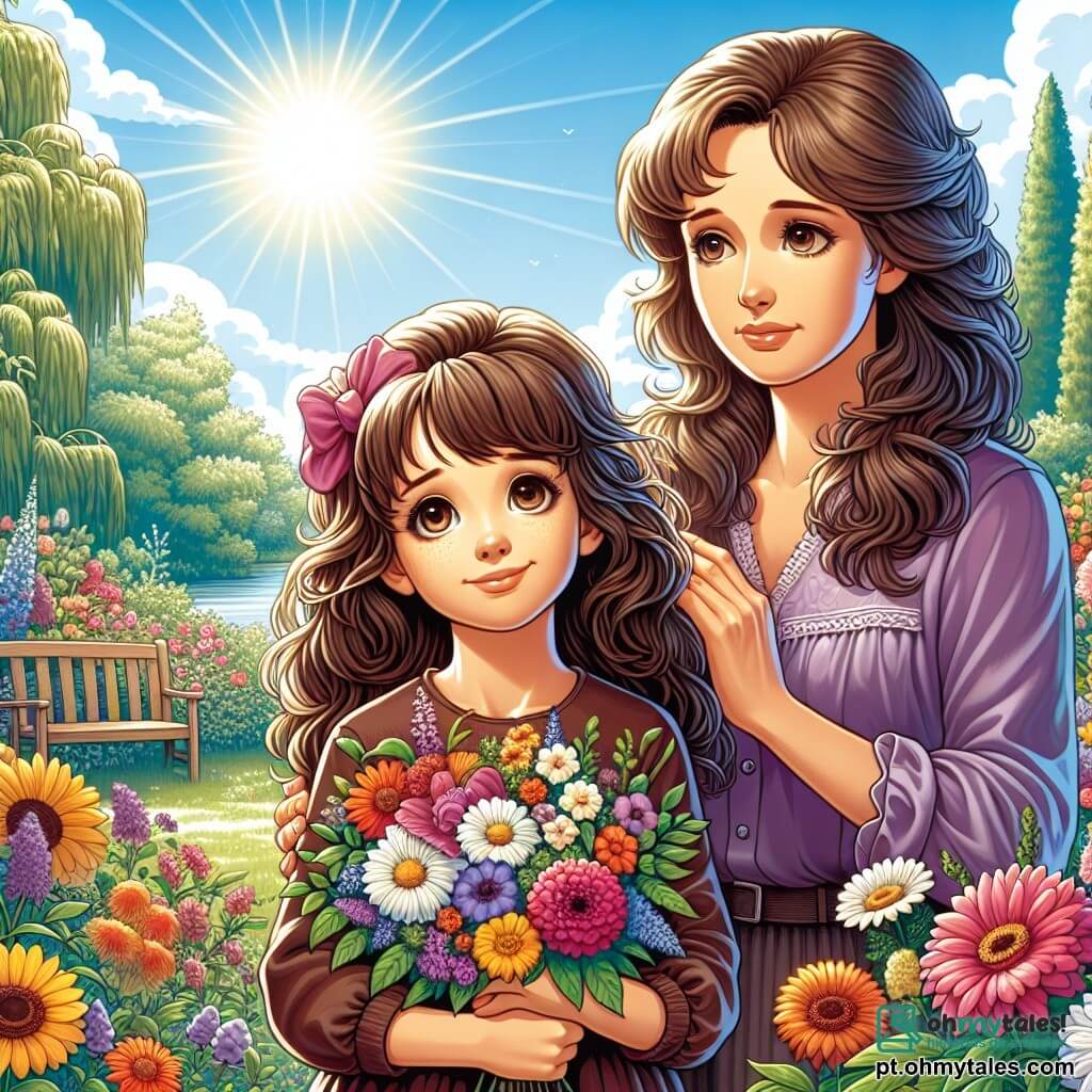Uma menina de 10 anos, Clara, com cabelos castanhos e cacheados, e olhos brilhantes de curiosidade, está em um jardim ensolarado, cercada por flores coloridas. Ela tem uma expressão melancólica, mas suave, segurando um buquê de flores nas mãos, olhando para o céu com um leve sorriso. Ao lado dela, sua mãe, uma mulher de cerca de 35 anos, com cabelos longos e lisos, e um rosto cheio de ternura, a observa com um olhar reconfortante, sentada em um banco de madeira. O jardim está repleto de flores vibrantes, grandes árvores verdes e um céu azul claro, criando uma atmosfera pacífica e serena. Clara se lembra de sua avó amada, compartilhando memórias alegres enquanto segura o buquê, simbolizando o amor e a memória que perduram apesar da perda.