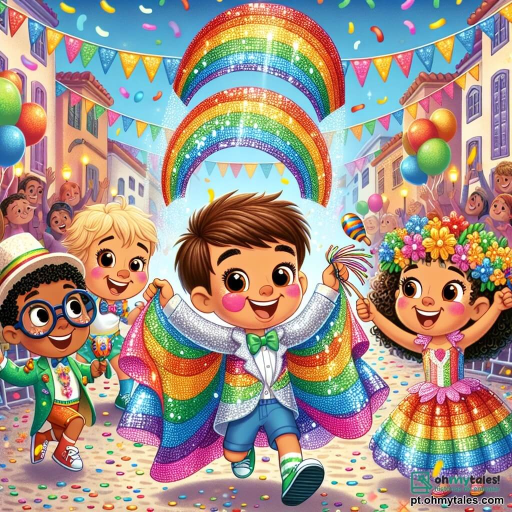 No centro da imagem, está **João**, um menino de 5 anos com cabelos castanhos e olhos brilhantes, vestindo um lindo traje de arco-íris feito de tecidos coloridos e brilhantes. À sua direita, **Ana**, uma menina de 5 anos com cabelos loiros e uma coroa de flores, sorri alegremente segurando lantejoulas brilhantes. À esquerda, **Pedro**, um menino de 6 anos com óculos e cabelos negros, dança agitando maracas coloridas. Finalmente, **Luísa**, uma menina de 5 anos com cabelos cacheados e uma capa cintilante, pula de alegria com os braços levantados. O cenário é uma rua festiva de carnaval, cheia de confetes coloridos no ar, com balões e faixas decorativas penduradas entre os edifícios. Espectadores alegres, vestidos com trajes variados, dançam e aplaudem ao longo da rua, criando uma atmosfera vibrante de festa. A situação principal mostra João correndo atrás de seu chapéu de arco-íris que voa devido a um vento forte, enquanto seus amigos o incentivam e ajudam a recuperá-lo, todos juntos em um momento de amizade e aventura.