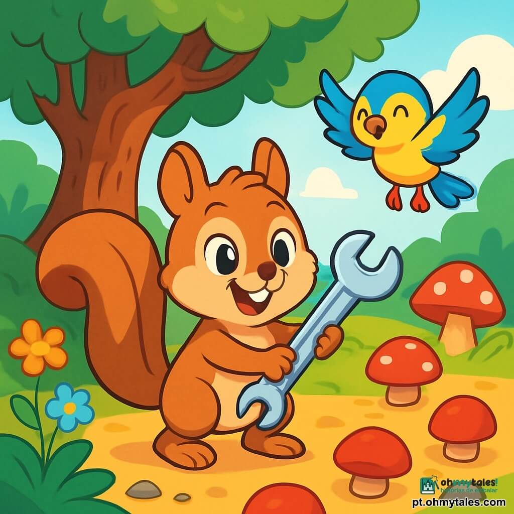 No centro da imagem, um pequeno esquilo chamado Pipoca, com pelagem castanha clara e olhos brilhantes de curiosidade, segura uma chave inglesa brilhante com suas pequenas patas. Ele tem uma expressão entusiasmada, com as orelhas em pé e a cauda espessa levantada atrás dele, mostrando sua empolgação. Ao lado dele, um pequeno passarinho chamado Tita, com penas amarelas e azuis vibrantes, voa levemente acima do chão, exibindo um sorriso alegre. Suas asas estão abertas, e ela parece pronta para ajudá-lo em sua busca. Ao fundo, vê-se uma grande árvore antiga com um tronco retorcido e folhas verdes luxuriantes, cercada por flores coloridas e cogumelos. O chão está coberto de folhas secas e pequenas pedras, criando uma atmosfera de floresta encantada. A cena representa Pipoca e Tita seguindo uma misteriosa trilha de capacetes vermelhos, com raios de luz filtrando através dos galhos, enquanto buscam o dono de uma chave inglesa perdida, cheios de empolgação e aventura.