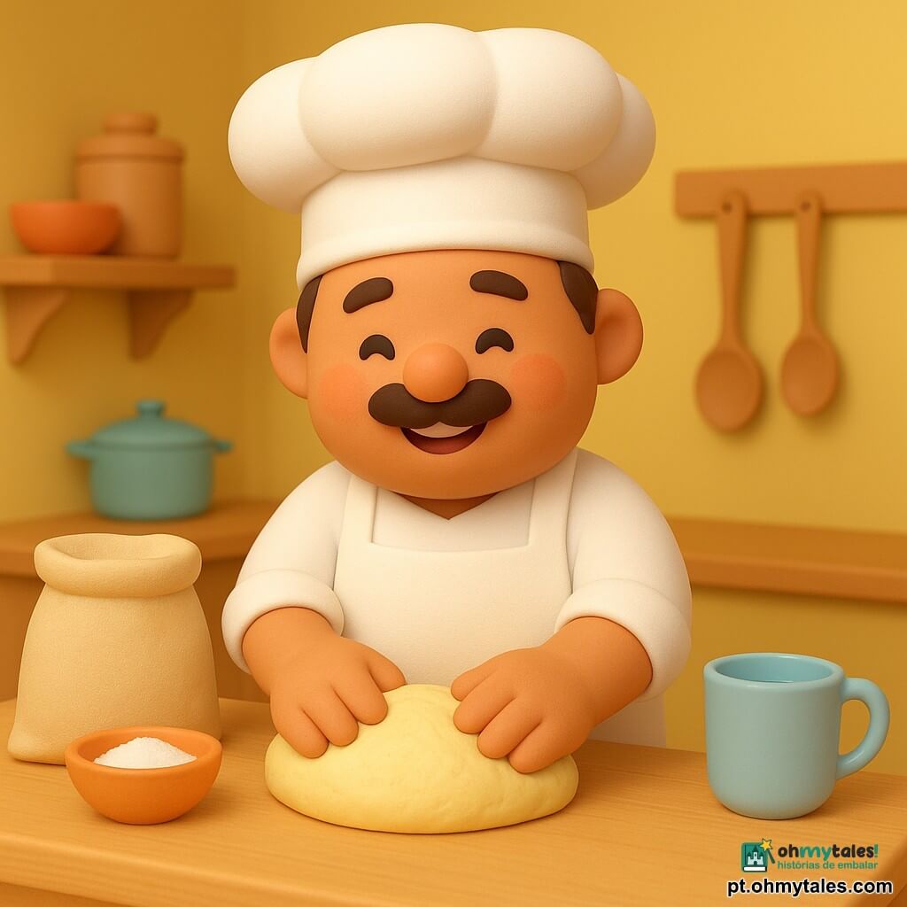 Um homem, o Chef Tomás, sorridente e jovial, usa um grande chapéu de chef branco e um avental impecável. Ele está amassando uma bola de massa macia com as mãos, seus olhos brilhando de alegria. Ao lado dele, na mesa de cozinha, estão ingredientes coloridos: um saco de farinha, uma pequena tigela de sal e uma xícara de água. A cozinha é luminosa e acolhedora, com paredes amarelas ensolaradas e prateleiras de madeira cheias de utensílios de cozinha. A situação principal mostra o Chef Tomás concentrado e feliz, rodeado de seus ingredientes, pronto para criar um delicioso pão.