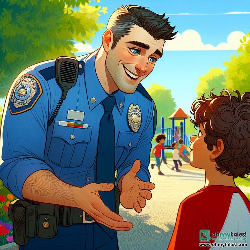 A police officer, a man in his thirties, smiling and kind, wears a bright blue uniform with a shiny badge on his chest. His eyes sparkle with determination and kindness as he bends slightly to talk to a young boy. The boy, an 8-year-old with curly hair, wears a red t-shirt with a superhero design and holds a skateboard under his arm, looking at the officer with admiration. The scene takes place in a sunny park, with lush green trees and colorful flowers lining a gravel path. Children play in the background, laughing and running around a playground. The officer calmly explains to the boy how to cross the street safely, using friendly gestures to illustrate his advice. The atmosphere is joyful and welcoming, filled with bright colors and a sense of community.