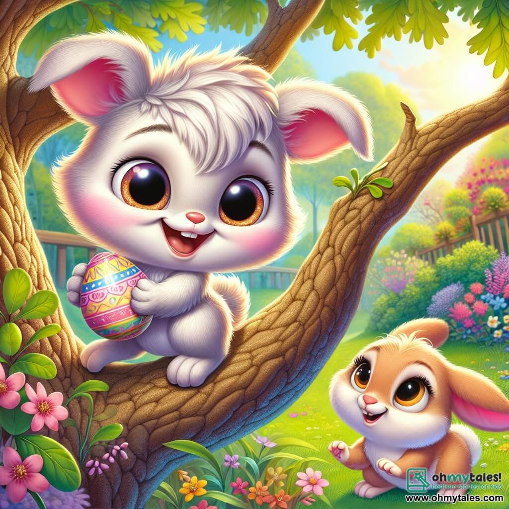 Pippin, an adorable little creature with pastel fur and sparkling mischievous eyes, is enthusiastically climbing a branch of a large oak tree, holding a colorful egg in his paws. He has a wide smile, brimming with excitement and curiosity. Nearby, Bella, a charming bunny with big ears and soft fur, watches Pippin with admiration, her eyes shining with enthusiasm. She stands on the ground, ready to encourage him, her front paws raised in support. The setting is a vibrant spring garden, filled with colorful flowers and sunlight filtering through the leaves, creating a joyful and magical atmosphere. The main scene shows Pippin discovering a shimmering egg hidden in the tree branches, while Bella eagerly encourages him, excited to unveil the secret it holds.