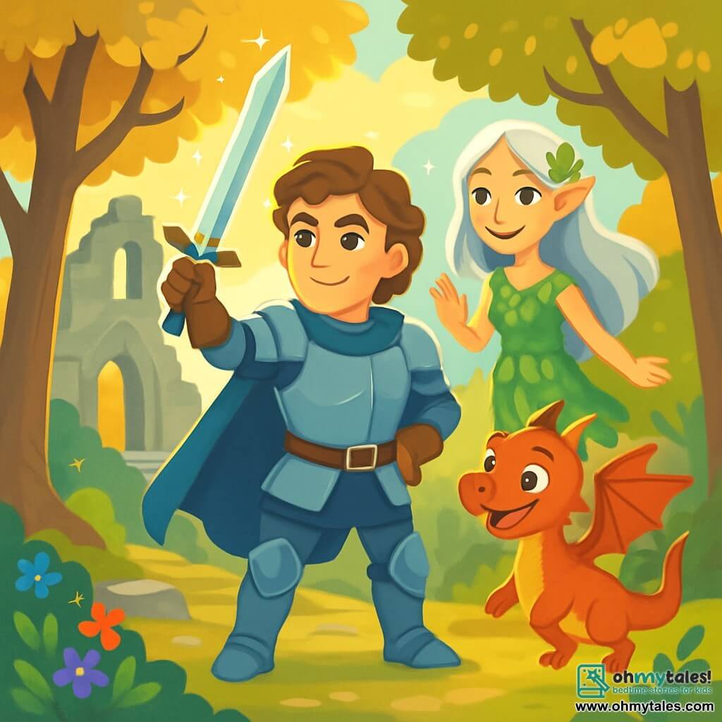 In the center of the image, a man, Sir Cedric, stands proud and determined, wearing shiny armor that sparkles in the sunlight. His face shows bravery, with wavy brown hair and deep blue eyes. He wields his sword, Glimmerstrike, which emits a magical glow, ready to face danger. Beside him, a young woman, Celestia, the Keeper of Secrets, floats slightly above the ground. She is about 25 years old, with long silver hair and a dress made of shimmering leaves and flowers. She smiles kindly, raising a hand to guide Cedric in his quest. A little further away, a small dragon named Ember, with sparkling red scales, flaps his wings enthusiastically. He looks joyful and eager to help, his eyes shining with curiosity. The backdrop is an ancient ruined castle surrounded by an enchanted forest. Majestic trees with golden leaves rise around, while sun rays pierce through the foliage, illuminating the flower-covered ground. The scene depicts the moment when Sir Cedric, accompanied by Celestia and Ember, prepares to confront the formidable sorcerer Malakar. The atmosphere is charged with energy and magic, illustrating the courage and friendship that unite the characters in the face of adversity.