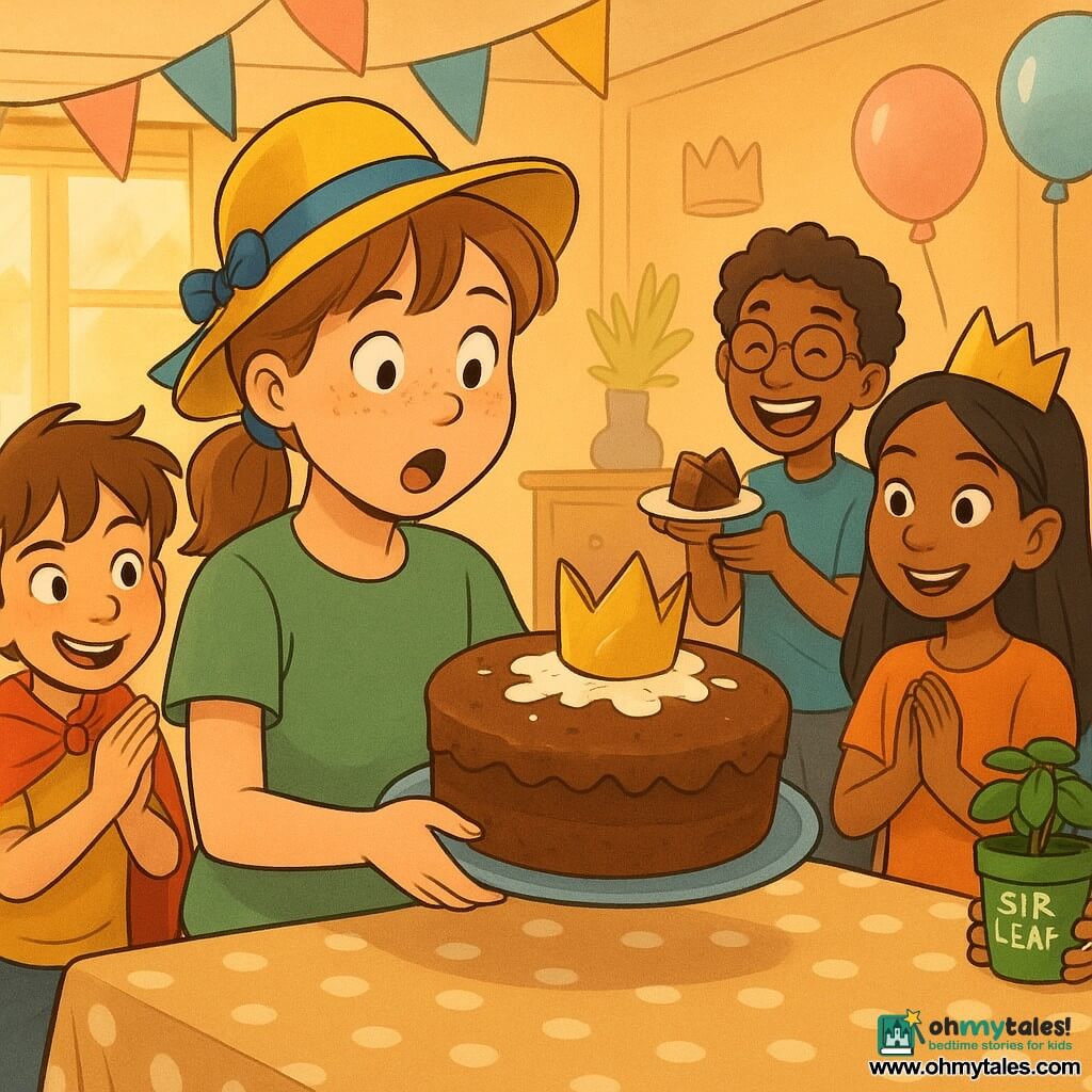 A joyful, slightly embarrassing moment in a bright family living room: a surprised, relieved 12-year-old girl with a round face, freckles and light brown ponytail wearing a yellow hat with a blue ribbon and small silver bell delicately holds a golden crown ring smeared with cream on a chocolate cake; to her left a mischievous 7-year-old boy with tousled brown hair claps and watches, to her right a tanned 12-year-old friend Yasmin with straight black hair and a paper mini-crown smiles with hands clasped, a laughing 12-year-old friend Noah with curly hair and round glasses stands in the background holding a small slice of cake, and a 12-year-old friend Theo with short blond hair places a bright green basil pot labeled “Sir Leaf” on the table; the scene shows pastel balloons, colorful garlands, a polka-dot tablecloth on a wooden table and warm afternoon light, with colorful, clean-lined, paper-textured graphic style, warm colors, soft contrasts, and composition centered on the girl and the cake.