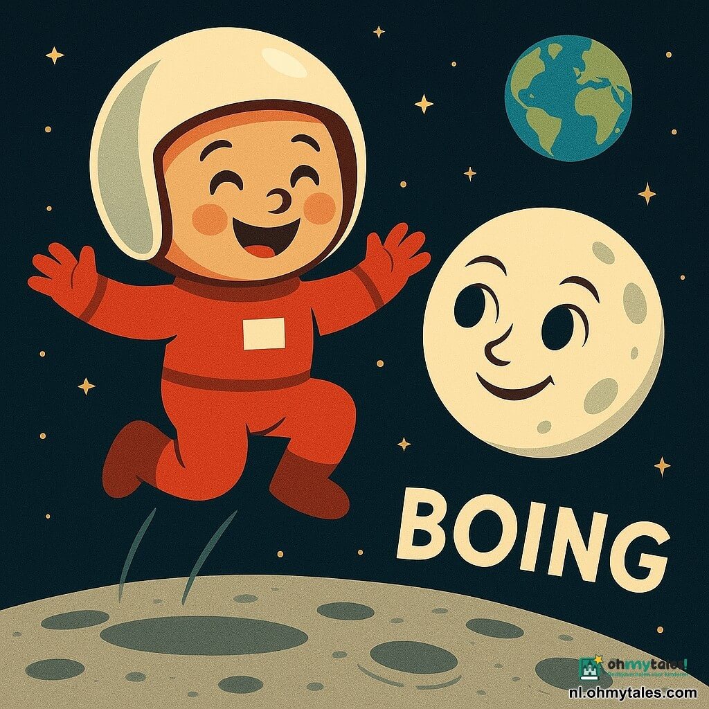 Een man genaamd Tom met rond gezicht, glanzende witte helm en rode ruimtepak springt vrolijk "boing" op de maan; de maan is een glimlachend bijpersonage met ivoorkleurig gezicht en grote zachte ogen vlak voor Tom, op de achtergrond een kleine blauwegroene aarde, het maangebied is grijs en poederig met kleine ronde kraters en zachte schaduwen, en de scène is helder met contrasterende kleuren, strakke lijnen en geometrische vormen in art-decostijl.
