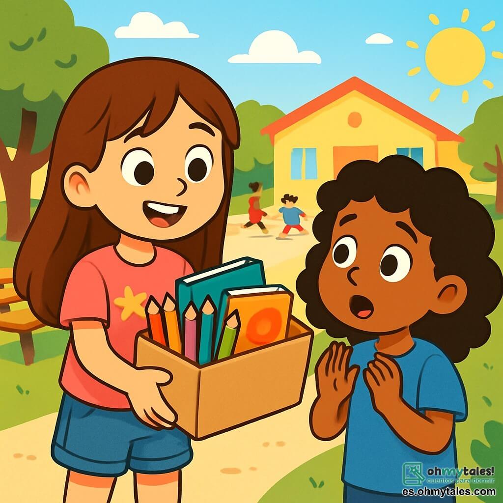 Una niña de 8 años, Sara, con largos cabellos castaños y ojos brillantes, sonríe alegremente mientras sostiene una caja llena de lápices de colores y cuadernos. Lleva una camiseta rosa con estrellas y un pantalón corto de mezclilla. A su lado, Lucía, otra niña de 8 años, tiene el cabello negro y rizado, y lleva una camisa azul vieja. Ella mira la caja con ojos sorprendidos, llenos de gratitud. Su entorno es un patio de escuela animado, con árboles verdes, bancos de madera y niños jugando a lo lejos. El sol brilla, creando una atmósfera cálida y alegre. La situación principal muestra a Sara ofreciendo generosamente la caja a Lucía, simbolizando la amistad y la solidaridad. Ambas niñas comparten un momento de felicidad, rodeadas de un ambiente de camaradería y compartir.