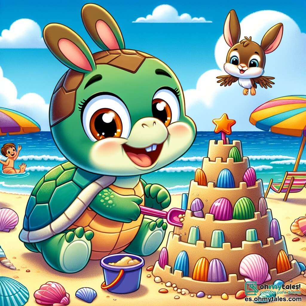 Una pequeña tortuga llamada Tita, con un caparazón verde y ojos brillantes de alegría, está construyendo un gran castillo de arena en la playa. Sonríe ampliamente, sosteniendo una pala de plástico colorida con sus patas delanteras. Junto a ella, un adorable conejo llamado Rocco, con pelaje marrón y grandes orejas, salta alegremente en la arena, riendo y añadiendo torres al castillo. Un pájaro azul llamado Pío, posado en una concha marina, canta mientras decora el castillo con conchas coloridas. La escena se desarrolla en una playa soleada, con suaves olas rompiendo en la orilla y niños jugando a lo lejos. En esta ilustración, Tita, Rocco y Pío trabajan juntos para crear un hermoso castillo de arena, simbolizando la amistad y la alegría de las vacaciones de verano.