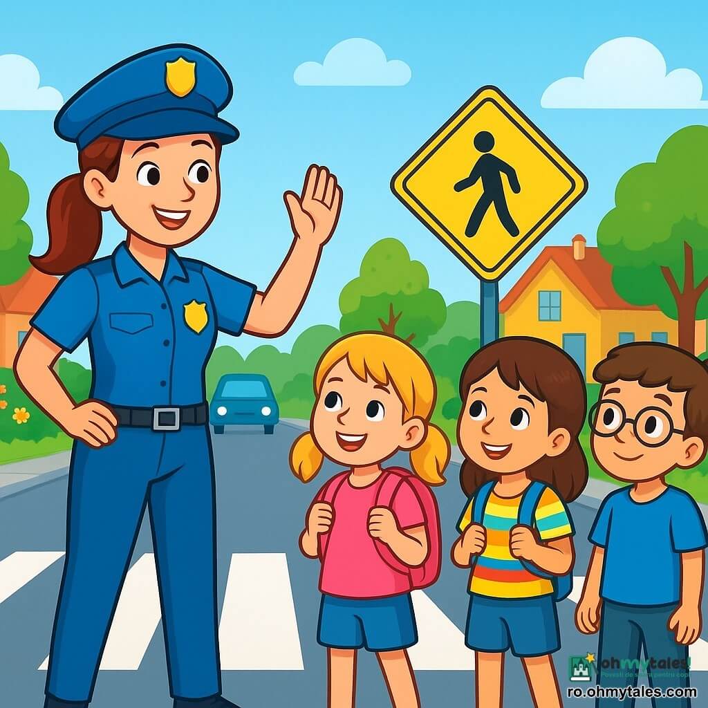 O tânără polițistă, Lina, cu părul castaniu prins într-o coadă de cal, poartă un uniformă albastră strălucitoare și un zâmbet cald pe față. Ea stă pe trotuar, ridicând mâna pentru a ajuta copiii să traverseze strada, privirea ei fiind plină de determinare și bunăvoință. Lângă ea, un grup de trei copii, două fete și un băiat, așteaptă cu nerăbdare. Prima fată are codițe blonde și poartă un rucsac roz, iar a doua fată are părul brun și un tricou cu dungi colorate. Băiatul, cu ochelari și un tricou albastru, o privește pe Lina cu admirație. Decorul este o stradă aglomerată dintr-un sat mic, mărginită de copaci verzi și case cu fațade colorate. Flori multicolore împodobesc grădinile, iar un cer albastru deschis se întinde deasupra. Situația principală o arată pe Lina ghidând copiii în traversare, cu un semn de circulație luminos în spatele ei. Copiii zâmbesc, încântați să traverseze în siguranță, în timp ce mașinile așteaptă cu răbdare de cealaltă parte a drumului.
