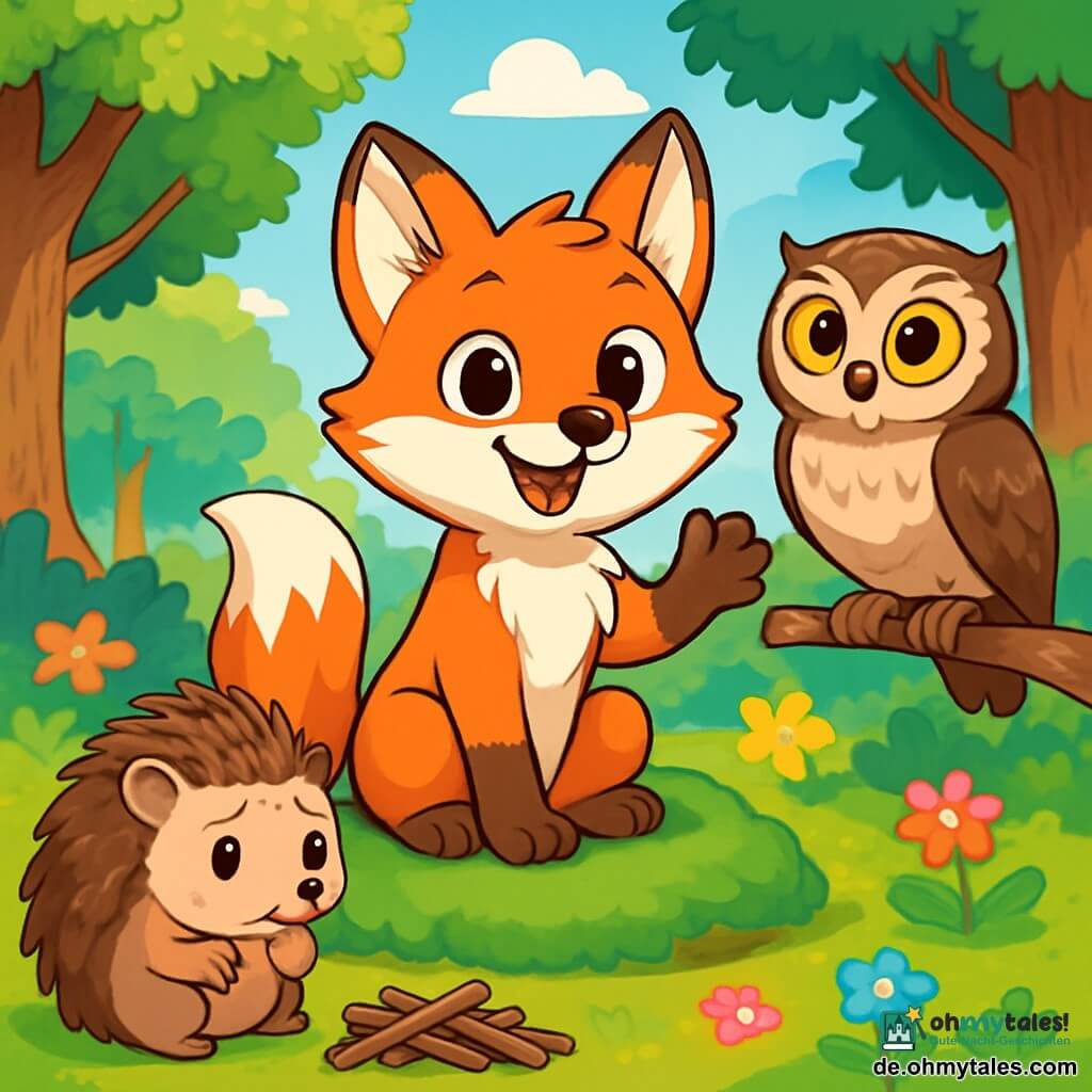 Ein kleiner, neugieriger roter Fuchs namens Finn steht in der Mitte der Szene, lächelt begeistert und ist von leuchtenden Farben umgeben. Sein glänzendes, seidiges Fell sitzt auf einem weichen, grünen Moosteppich, während er eine Pfote hebt, um seine Freunde einzuladen. Rechts von ihm sitzt die elegante Eule Lilli auf einem niedrigen Ast, ihre großen, runden Augen strahlen Intelligenz und Neugier aus. Sie beobachtet Finn aufmerksam, bereit, eine Geschichte zu erzählen. Links rollt der kleine Igel Rollen, dessen Rücken mit braunen Stacheln bedeckt ist, besorgt zusammen, in der Nähe eines Haufens kleiner Äste, die er sorgfältig gestapelt hat. Im Hintergrund umrahmt eine sonnige Lichtung majestätische Bäume mit lebhaft grünen Blättern, und bunte Blumen bedecken den Boden. Der strahlend blaue Himmel ist mit flauschigen Wolken gesprenkelt. Die Szene zeigt Finn, den Fuchs, der eine Feier ihrer Unterschiede vorschlägt und alle Tiere in einer fröhlichen, warmen Atmosphäre vereint, was das Thema Toleranz und Freundschaft illustriert.