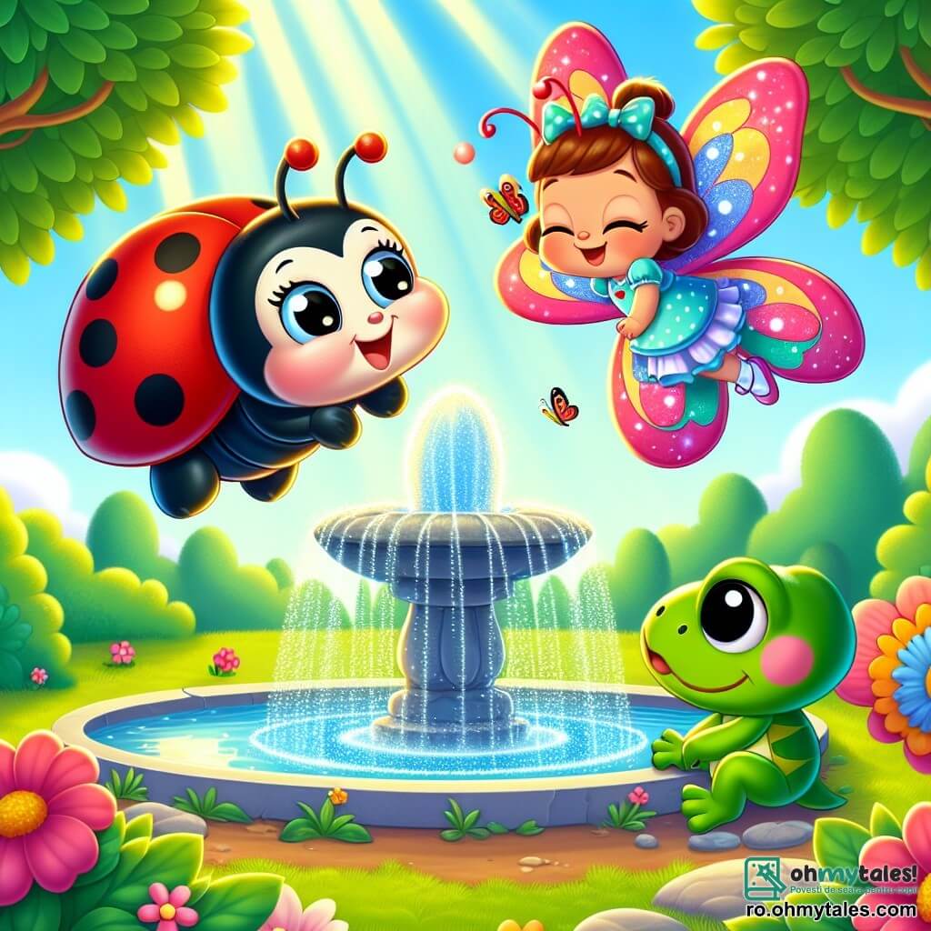 O buburuză veselă, Mica Ladybug, cu un spate roșu aprins presărat cu puncte negre, zboară cu entuziasm deasupra unei fântâni strălucitoare, cu ochii ei strălucind de curiozitate și fericire. Lângă ea, o frumoasă flutură numită Aria, cu aripi multicolore, dansează în aer, zâmbitoare și plină de energie, în timp ce o broască verde, Bobo, le observă cu un aer prietenos, așezată pe o piatră lângă fântână. Decorul este o poiană însorită, înconjurată de flori strălucitoare, cu raze de soare filtrând prin frunzele copacilor măreți. Scena surprinde momentul magic în care Mica, Aria și Bobo descoperă fântâna dorințelor, pregătiți să facă dorințe sincere, înconjurați de frumusețea naturii.