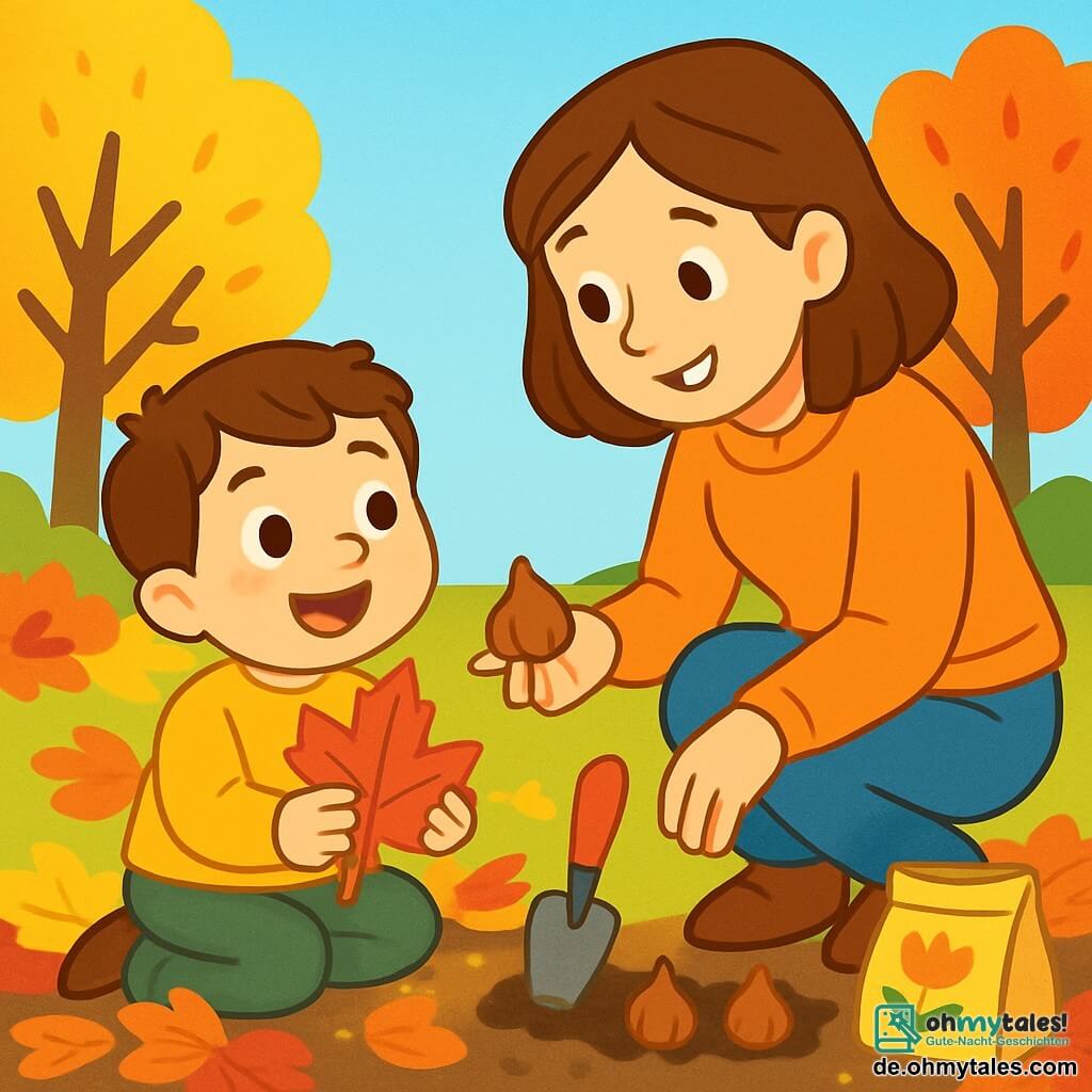 Ein 4-jähriger Junge namens Theo mit braunen Haaren und neugierigen Augen sitzt in einem Garten voller bunten Herbstblättern. Er lächelt erstaunt und hält ein großes rotes Blatt in seinen kleinen Händen. Neben ihm beugt sich seine Mama, eine etwa 30-jährige Frau mit braunen Haaren und einem warmen Lächeln, um ihm zu zeigen, wie man Blumenzwiebeln pflanzt. Sie trägt einen orangefarbenen Pullover und Jeans und schaut Theo zärtlich an. Der Garten ist von goldenem Licht durchflutet, mit Bäumen, deren Blätter gelb, orange und rot sind, und einem hellblauen Himmel im Hintergrund. Theo und seine Mama sind von kleinen Laubhaufen umgeben und bereiten sich darauf vor, Zwiebeln in die Erde zu pflanzen, was eine fröhliche und herbstliche Atmosphäre schafft.