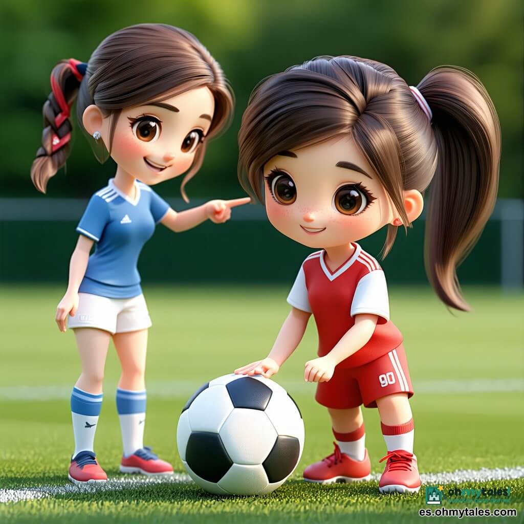 Una futbolista sonriente y serena, cabello castaño en coleta, uniforme rojo y blanco y espinilleras visibles, agachada para recoger un balón redondo y algo gastado; una rival de unos 20 años, rostro amable y camiseta azul, a la izquierda señalando el balón y ayudando sin competición; una niña de unos 6 años, cabello rubio en coletas, ropa sencilla, sentada junto a la banda con hoja y lápiz mirando asombrada; un hombre adulto con chaleco naranja y pelo corto gris abre suavemente una pequeña puerta en la valla de madera detrás del balón, al fondo a la derecha; lugar: pequeño estadio luminoso con césped verde y denso, franja de flores junto a la valla, valla baja de madera y gradas con siluetas difusas aplaudiendo, cielo azul suave; situación: balón fuera del campo cerca de una puerta baja, las jugadoras cooperan para recuperarlo en un ambiente pacífico y respetuoso con luz cálida de tarde; estilo: colores saturados pero suaves, contornos nítidos, texturas lisas tipo cel-shading, proporciones ligeramente exageradas y siluetas redondeadas aptas para niños.