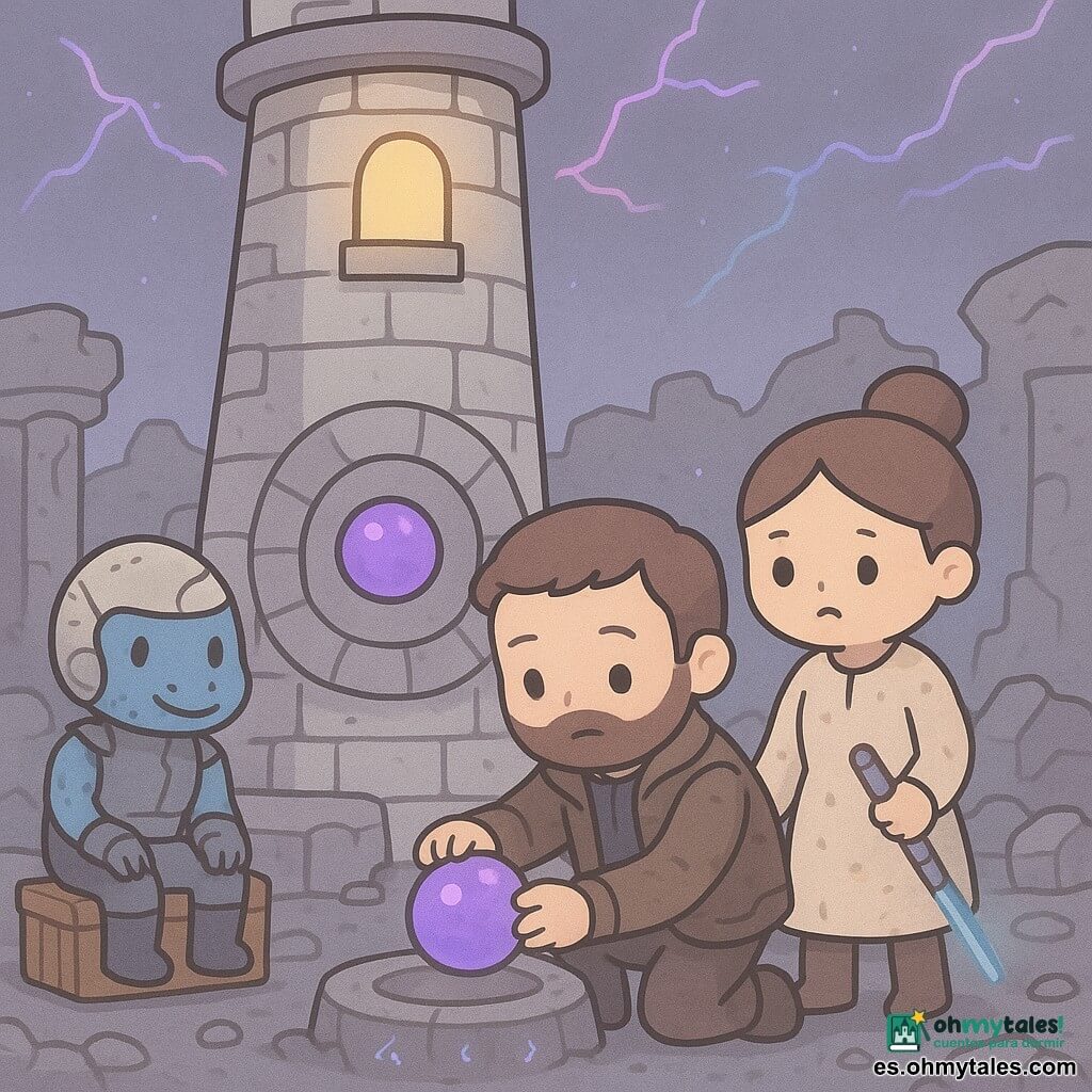 Un hombre adulto, Darel, rostro dulce pero marcado, ojos cansados y concentrados, cabello corto castaño, con chaqueta de cuero espacial gastada, inserta con cuidado una pequeña esfera violeta brillante en una ranura circular en la base de un viejo faro de piedra; detrás a la derecha, Nima, ingeniera hechicera de unos 35 años, con el cabello recogido y bata manchada de polvo estelar, sostiene un bastón tecno-lámpara lista para iluminar, con expresión preocupada pero valiente; a la izquierda, un piloto extraterrestre masculino con escamas azules y casco agrietado está sentado en una caja, aliviado y débil, observando; el faro en ruinas se alza sobre suelo pedregoso gris, columnas rotas y runas grabadas brillantes alrededor de la ranura; el cielo muestra fisuras luminosas violeta y cian; una sombra oscura con bordes azules se retrae ante un círculo de luz proyectado por el faro; atmósfera tensa pero esperanzadora, contraste de luz cálida del faro y fría del cielo.
