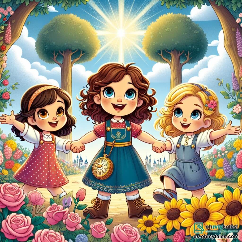 En el centro de la imagen, tres niñas de cuatro años se toman de la mano, radiantes de alegría. Ana, con cabello castaño y rizado, lleva un vestido rojo con lunares blancos y sonríe con ojos brillantes. A su derecha, Luisa, con cabello rubio y liso, viste una blusa azul y shorts de mezclilla, levantando los brazos con entusiasmo. A la izquierda, Clara, con cabello castaño y una pequeña trenza, lleva un vestido amarillo y mira al cielo con asombro. 

El fondo es un jardín mágico, lleno de flores gigantes de colores vibrantes, como rosas rosas, girasoles dorados y tulipanes morados. Majestuosos árboles con troncos gruesos se elevan hacia un cielo azul claro, salpicado de nubes blancas esponjosas. 

Las tres amigas acaban de descubrir un antiguo y hermoso reloj de bolsillo, brillando intensamente, que sostienen juntas, listas para hacer un deseo de viajar en el tiempo. La luz mágica que las rodea ilumina sus rostros asombrados, creando una atmósfera de misterio y aventura.