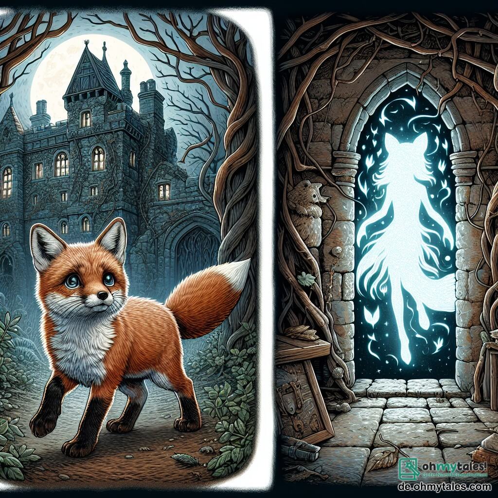 Ein kleiner Fuchs mit funkelnden Augen und glänzendem rotem Fell, mit einem entschlossenen Ausdruck im Gesicht, steht vor einem großen alten Schloss, umgeben von Lianen und Dornen. Er schreitet mutig voran, seine kleinen Pfoten zitternd auf dem weichen, feuchten Boden des Waldes. Im Inneren des Schlosses schwebt ein ätherischer Geist, ähnlich einer leuchtenden Silhouette, auf einem staubigen Thron. Er hat ein majestätisches Aussehen mit sanften und traurigen Zügen, und seine Augen leuchten vor Hoffnung, während er den Fuchs ansieht. Der Ort ist ein dunkles und geheimnisvolles Schloss, dessen steinerne Wände vom Zahn der Zeit gezeichnet sind, mit zerbrochenen Fenstern, die Mondstrahlen hereinlassen, und tanzenden Schatten, die durch das Licht erzeugt werden. Spinnweben schmücken die Ecken und verleihen der Atmosphäre eine mysteriöse Note. Die Hauptsituation zeigt den Fuchs, bereit, seinen Ängsten entgegenzutreten, während der Geist, auf der Suche nach Freiheit, mit einem Hoffnungsschimmer in den Augen wartet, was den Mut und die Freundschaft symbolisiert, die in der Dunkelheit entstehen.