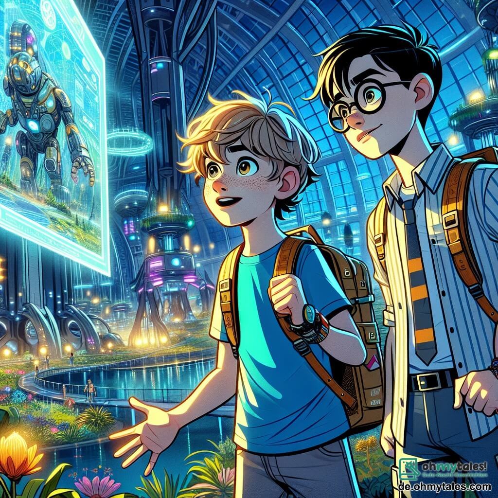 Ein 12-jähriger Junge namens Finn mit zerzausten braunen Haaren und neugierigen, leuchtenden Augen steht im Mittelpunkt des Bildes und schaut fasziniert auf ein leuchtendes Hologramm, das eine Karte seiner futuristischen Stadt projiziert. Sein Gesicht strahlt intensive Freude aus, mit einem breiten Lächeln und hochgezogenen Augenbrauen, während er ein leuchtend blaues T-Shirt und einen Rucksack voller Bücher und technischer Gadgets trägt. Neben ihm steht sein bester Freund Leo, ebenfalls 12 Jahre alt, mit schwarzen Haaren und runden Brillen, die seinen intelligenten Ausdruck betonen. Er zeigt mit dem Finger auf das Hologramm, seine Augen weit aufgerissen vor Aufregung, gekleidet in ein gestreiftes Hemd und Cargo-Hosen. Ihre Umgebung ist der TechnoDome, ein riesiges Gebäude aus Glas und Stahl, gefüllt mit exotischen Pflanzen und Robotern, die um sie herum arbeiten. Bunte Lichter funkeln in der Luft, und Solarpaneele glänzen auf dem Dach, während ein großer Baum mit lebhaftem Laub im Zentrum des Innenhofs steht. Die Hauptsituation zeigt Finn und Leo, die eine holographische Karte entdecken, die leuchtende Punkte in der Stadt offenbart, von denen einige rot blinken und auf ein Problem im Energienetz hinweisen. Finns Ausdruck zeigt, wie sehr ihn diese Entdeckung fasziniert, während die Atmosphäre voller Geheimnis und Abenteuer ist.