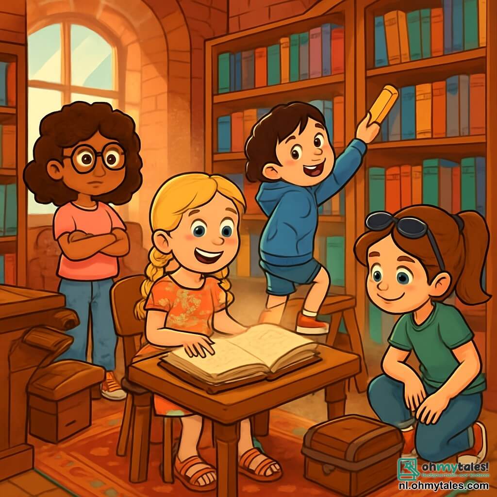 Er zijn 4 kinderen: Noor, een 9-jarig meisje met krullend bruin haar en ronde brillen, gekleed in een roze t-shirt en een spijkerbroek, staat met gekruiste armen en een nieuwsgierige blik. Mila, een 8-jarig meisje met vlechtjes en een stralende glimlach, draagt een bloemenjurk en sandalen, zit op een stoel met een open boek in haar handen en blije ogen. Zoë, een 9-jarig meisje met kort zwart haar en sproeten, in een blauwe hoodie en shorts, staat op een kleine ladder en reikt naar een boek boven haar. Lotte, een 8-jarig meisje met een paardenstaart en zonnebril op haar hoofd, draagt een groene t-shirt en denim broek, is gehurkt bij een oude plank en kijkt naar een klein houten kistje. De scène speelt zich af in een grote oude bibliotheek met rode bakstenen muren, hoge houten boekenplanken vol kleurrijke boeken en grote ramen die zonlicht binnenlaten. In het midden staat een massieve houten tafel omringd door comfortabele stoelen, met een oud Perzisch tapijt op de vloer. De kinderen ontdekken een mysterieus boek op de tafel, zijn enthousiast en nieuwsgierig, leunend naar voren om de pagina's te bekijken, terwijl een stofwolk om hen heen opstijgt, wat een mysterieuze en avontuurlijke sfeer creëert.