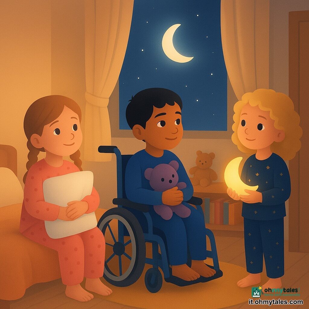 Ci sono 3 bambini: Sofia, circa 6 anni, capelli castano chiaro in due trecce, pigiama rosa a cuoricini, seduta sul letto a sinistra con un grande cuscino bianco, guarda la finestra con un sorriso timido; Leo, circa 7 anni, capelli neri corti, carnagione oliva, su una sedia a rotelle blu al centro vicino al bordo del letto, stringe un pupazzo viola e guarda la luna; Marta, circa 5 anni, capelli biondi ricci, pigiama blu scuro a stelle, in piedi a destra vicino alla porta, tiene una piccola luce notturna a forma di luna che emette una luce dorata. Luogo: camera/salotto combinato accogliente con pareti crema, pavimento in legno chiaro, tappeto rotondo senape, mensole basse con libri e peluche, grande finestra con tende leggere aperte che lasciano entrare una striscia di chiaro di luna argenteo, luci soffuse gialle e ambra. Situazione principale: i bambini sono riuniti tranquillamente prima di dormire, la stanza è illuminata dolcemente dalla luce notturna e dalla luna, espressioni rassicurate, tessuti morbidi (coperte lavorate a maglia, cuscini soffici), atmosfera calda e non minacciosa; stanno sussurrando al buio e si tengono insieme per rassicurarsi.